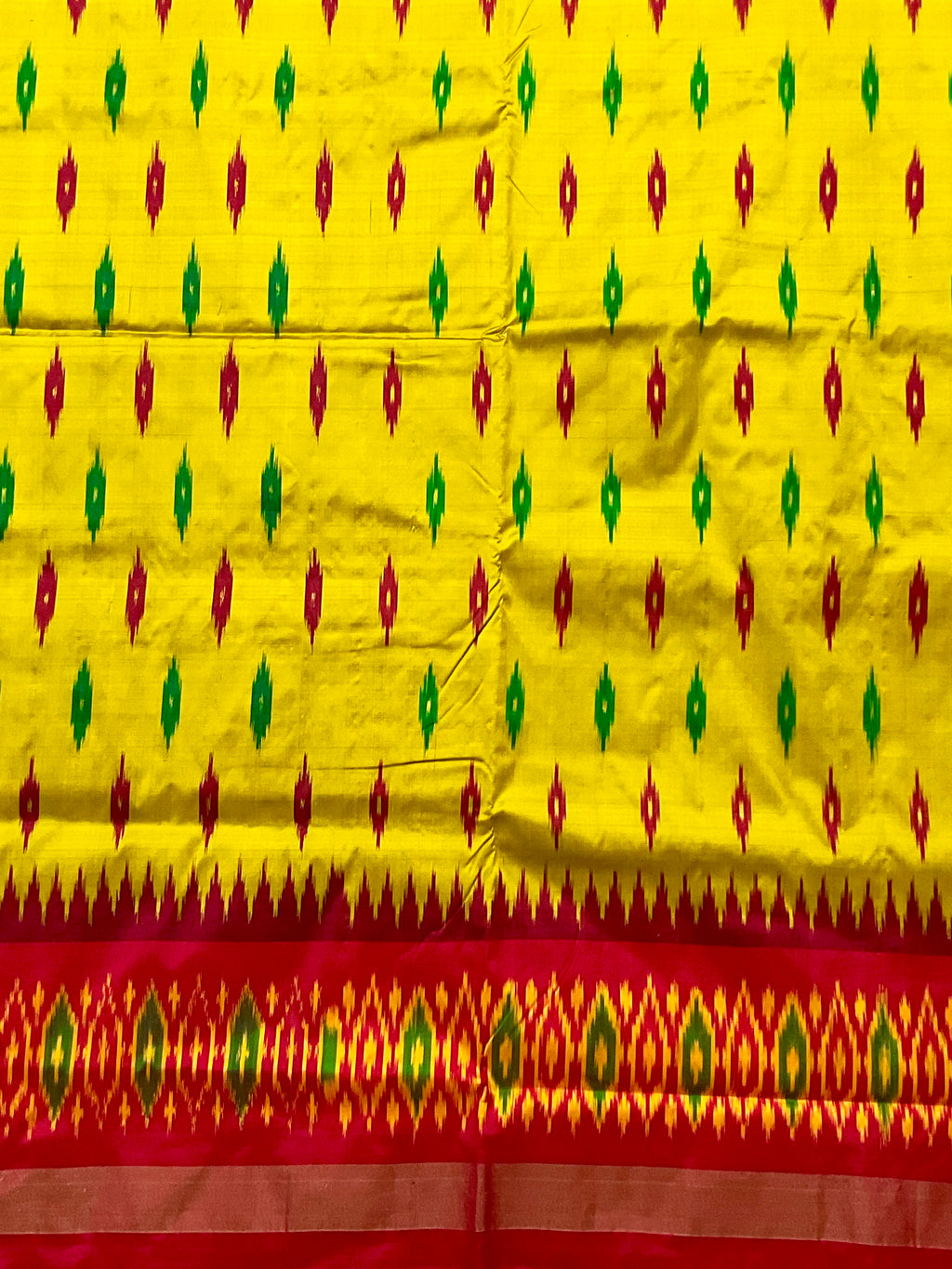 Green Pochampally Single Ikat Silk Saree — Red Patola Border & Pallu