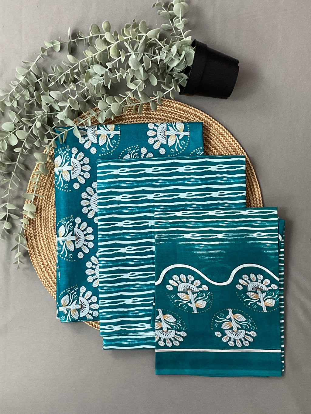 Teal Blue Block Print Cotton Dress Material