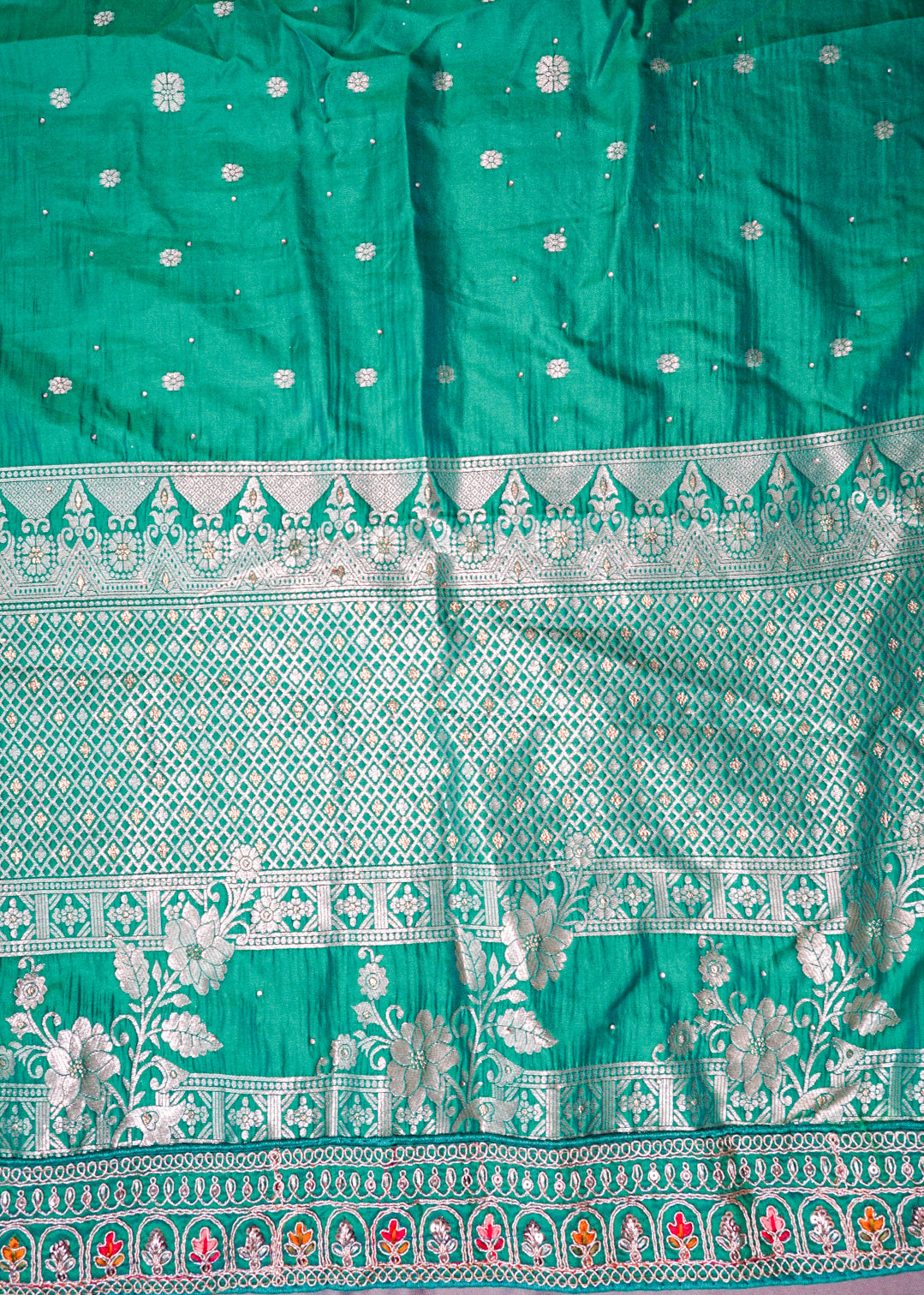 Emerald Green Handloom Silk Lehenga with Silver Zari Temple Weave