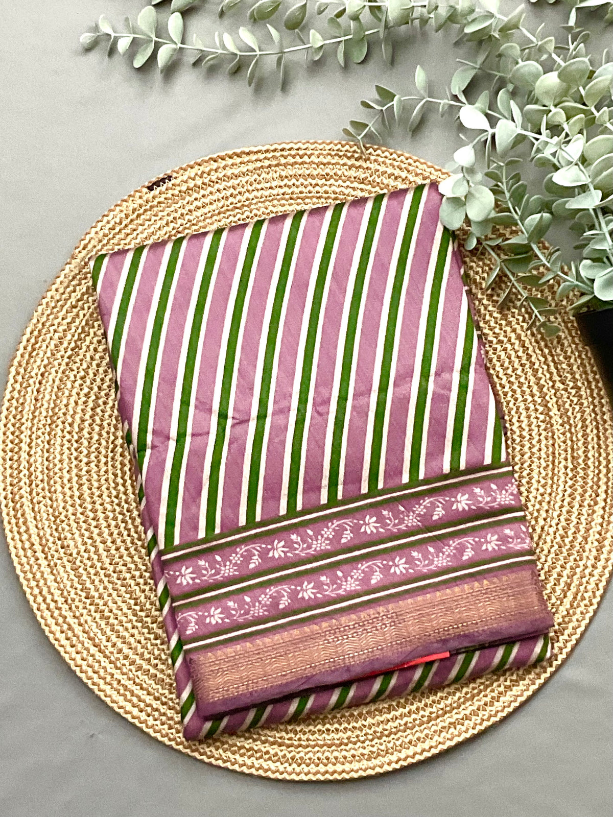 Kalamkari Leheriya Printed Soft Silk Saree in Lavender with Designer Pallu and Gold Border