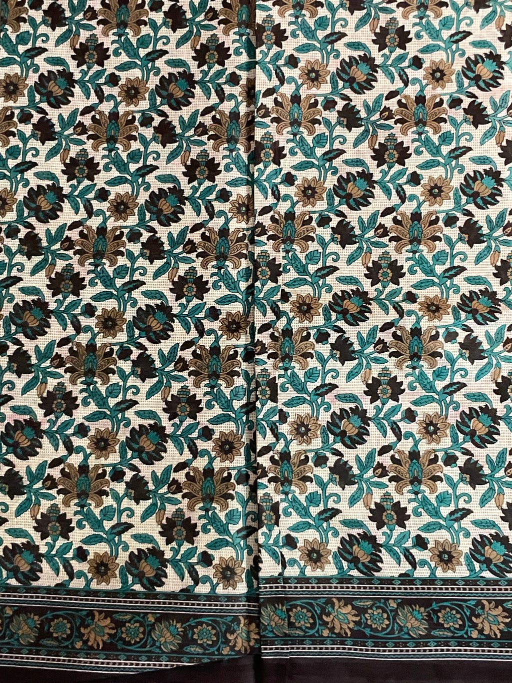 Off White & Blue Kalamkari Floral Printed Cotton Saree with Blouse