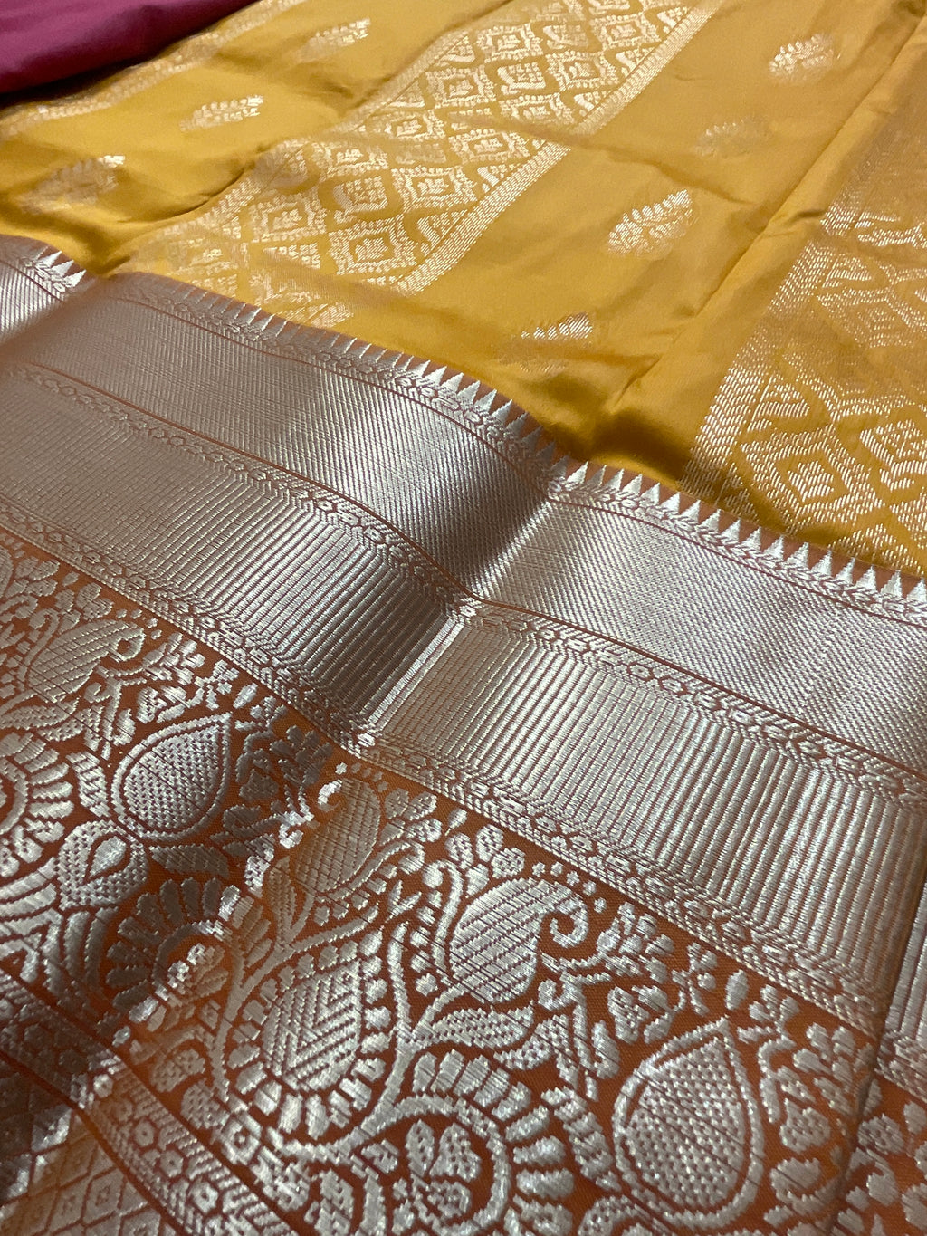 Mustard Kanchipuram Silk Saree – Red Contrast Pallu & Red Heavy Border with Blouse