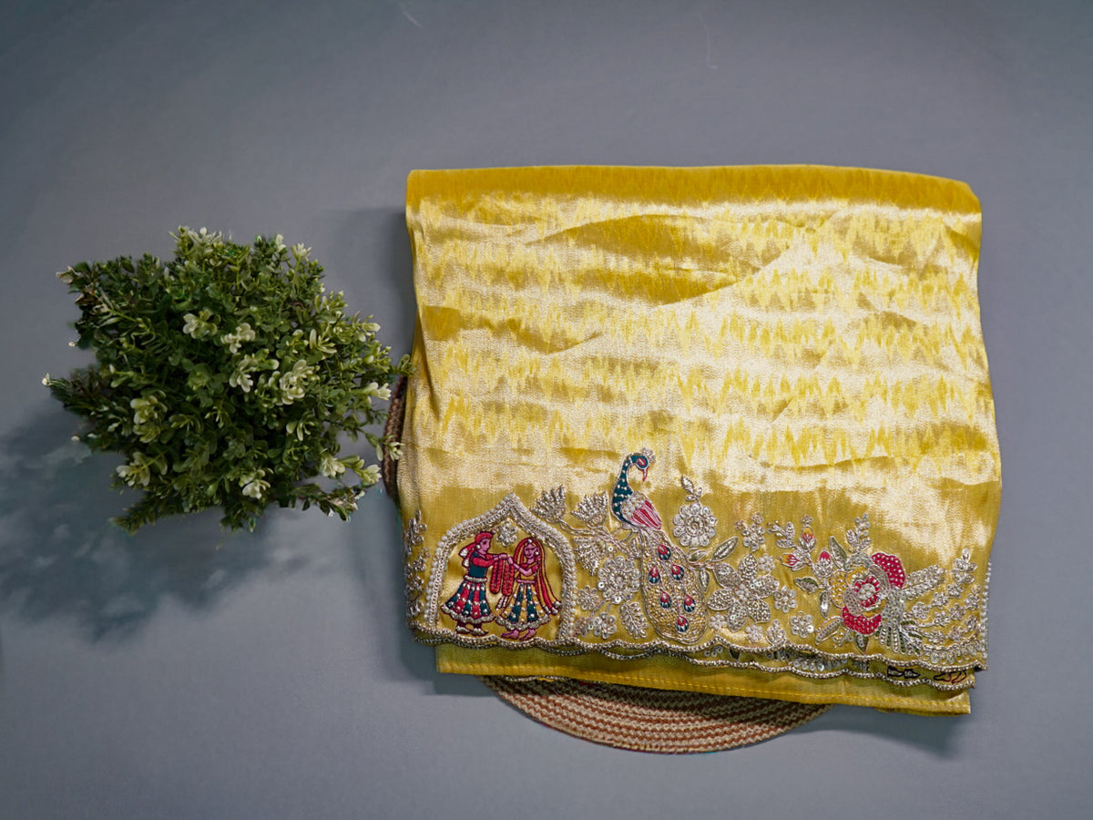 Lime Yellow Pure Silk Saree – Peacock & Radha-Krishna Figure Embroidery Designer Saree