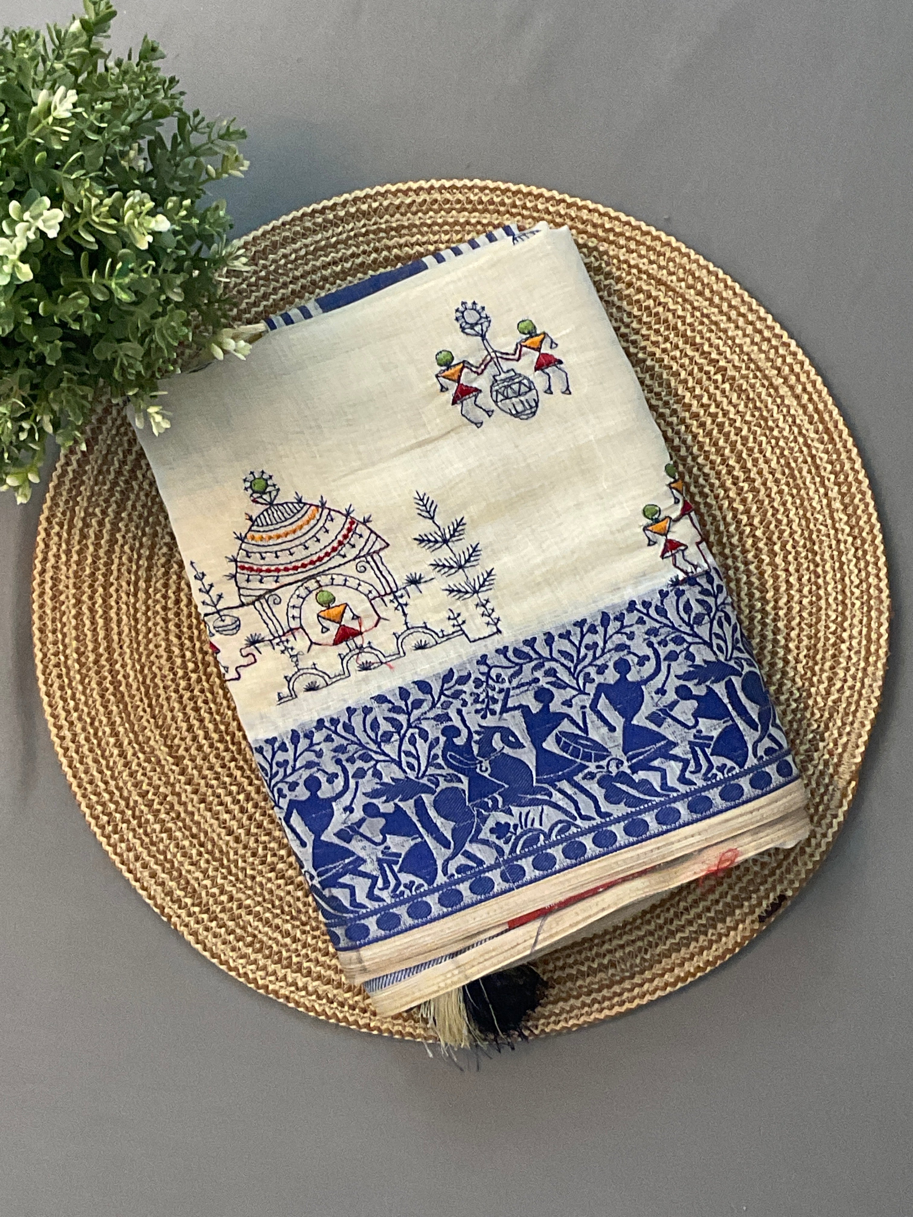 Kalamkari Hand Embroidery Cotton-Linen Saree – Off-White with Royal Blue Vareli Embroidery & Blouse