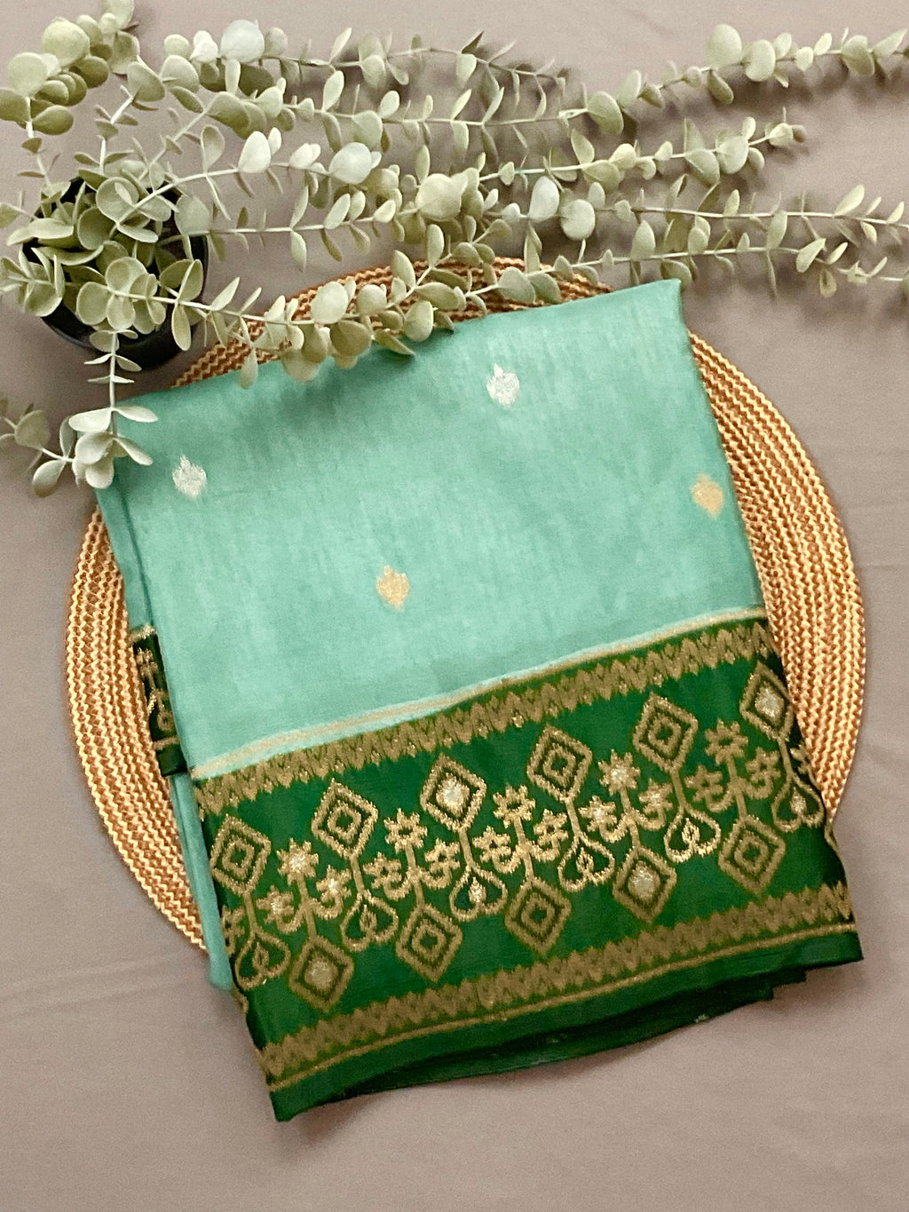Sea Green Banarasi Handloom Silk Saree with Ikat Border — Dark Green Contrast Pallu & Designer Blouse