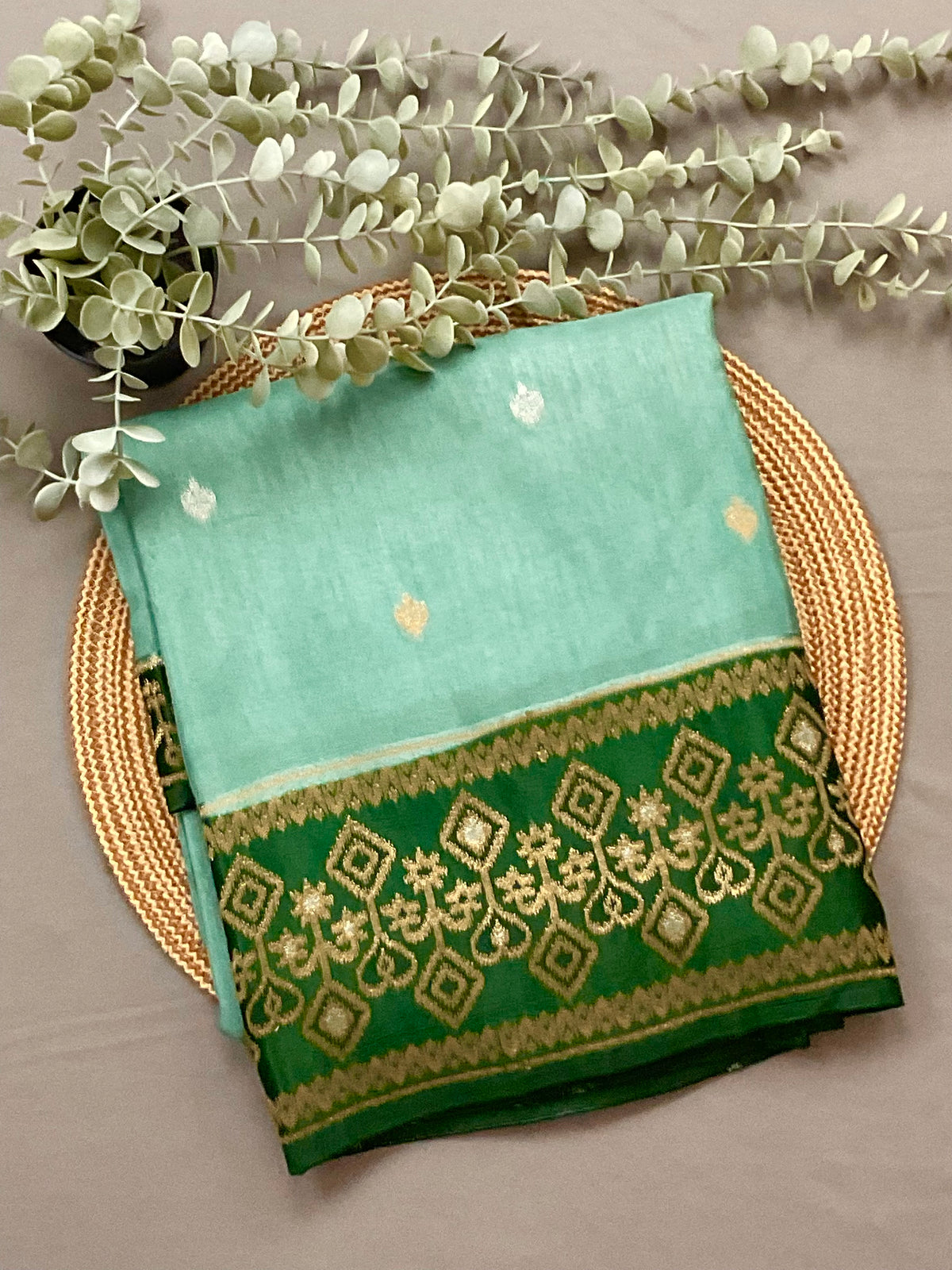 Sea Green Banarasi Handloom Silk Saree with Ikat Border — Dark Green Contrast Pallu & Designer Blouse