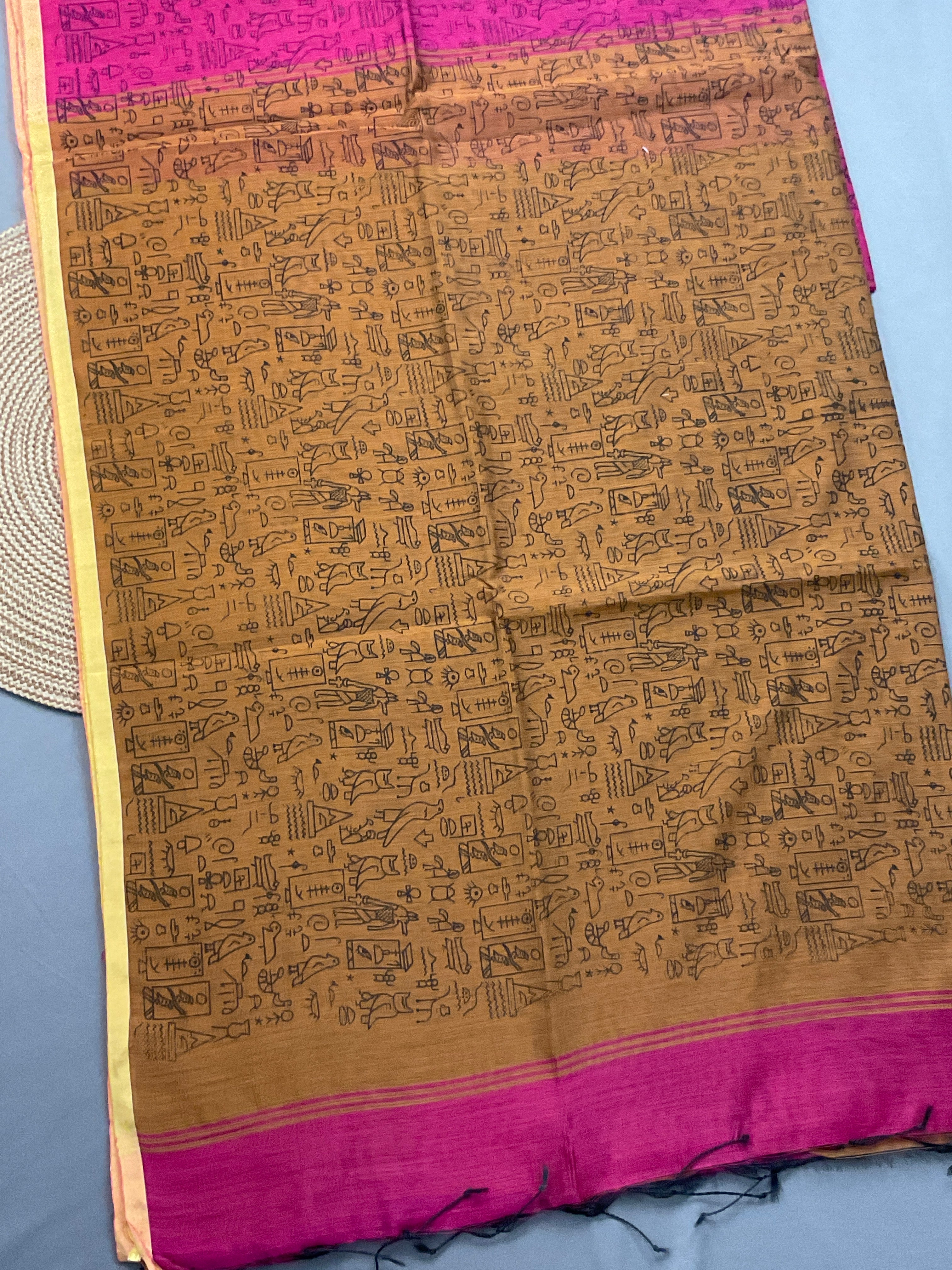 Handloom cotton silk saree in Kalamkari Vareli printing all over with blouse — pink saree with mustard pallu