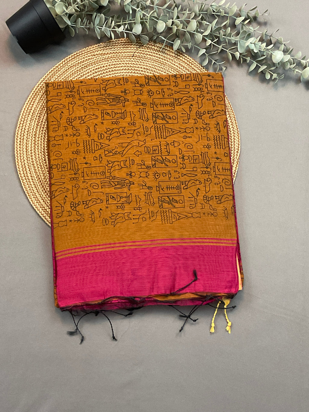 Handloom cotton silk saree in Kalamkari Vareli printing all over with blouse — pink saree with mustard pallu