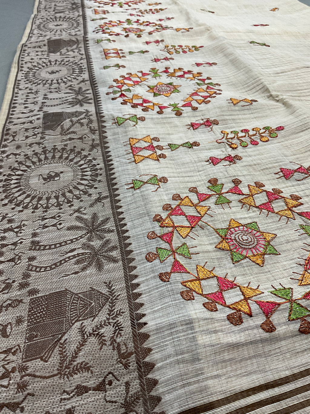 Warli Weaving Border Cotton Linen Saree in Brown with Lined Pallu