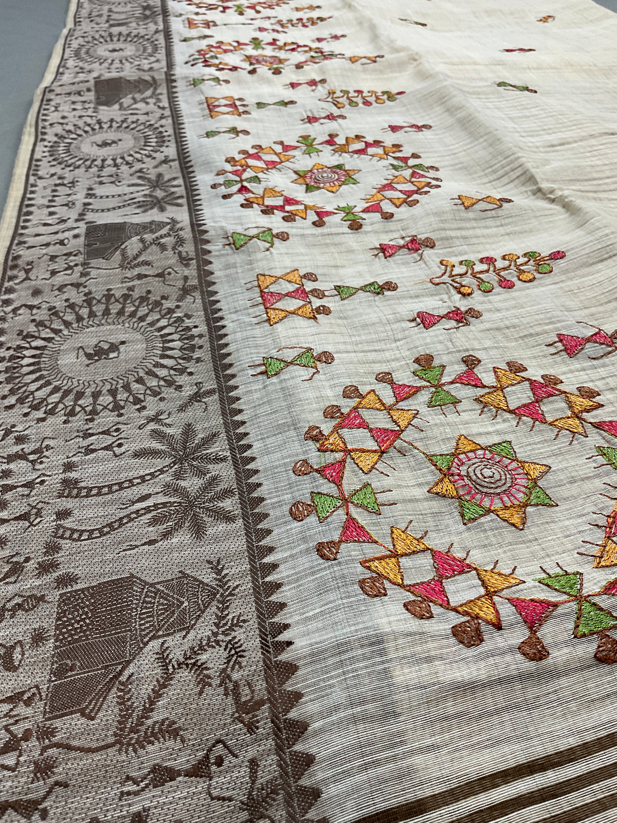 Warli Weaving Border Cotton Linen Saree in Brown with Lined Pallu