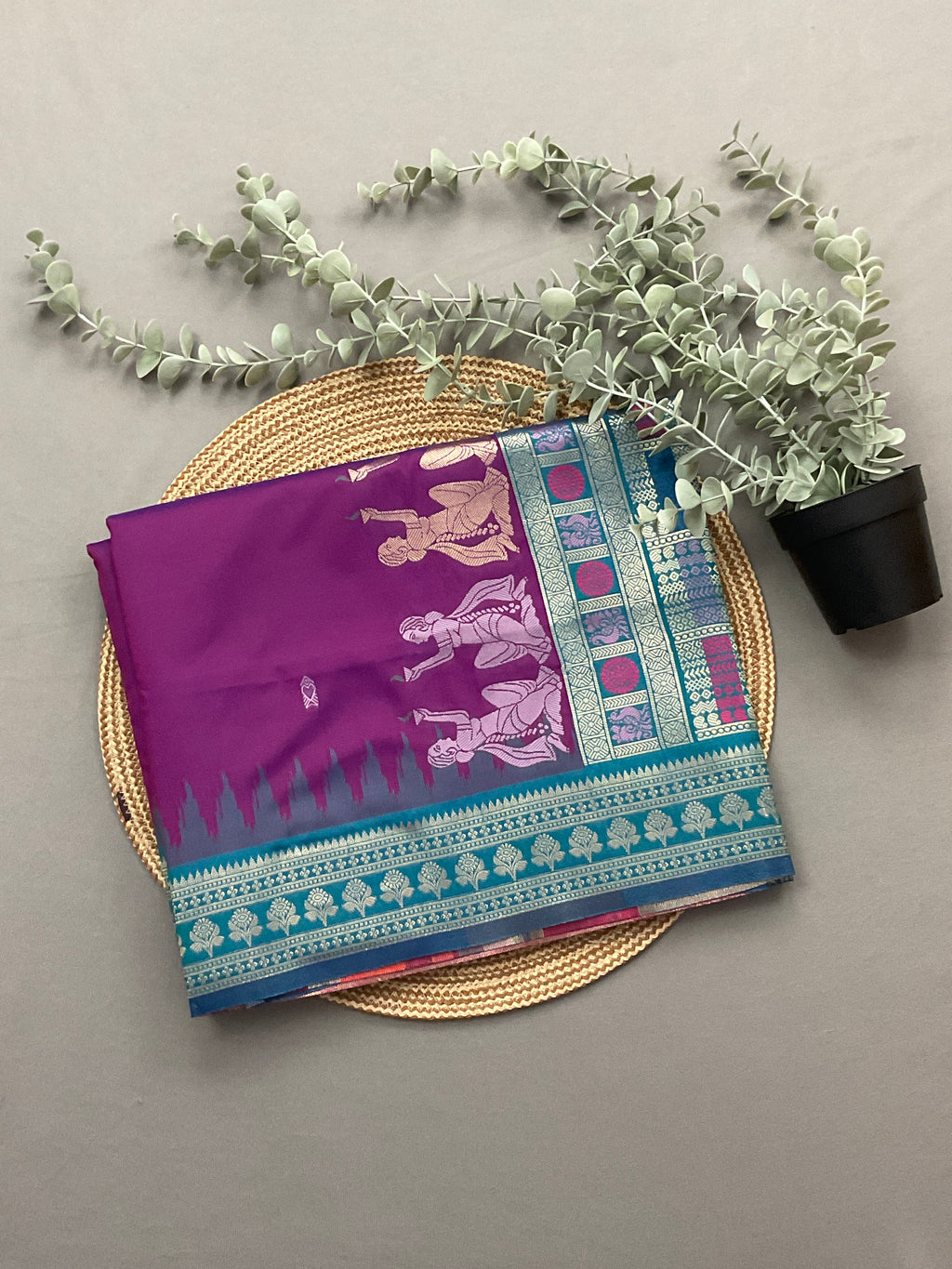 Vibrant Purple Jamdani Silk Saree with Temple Border and Blue-Green Pallu