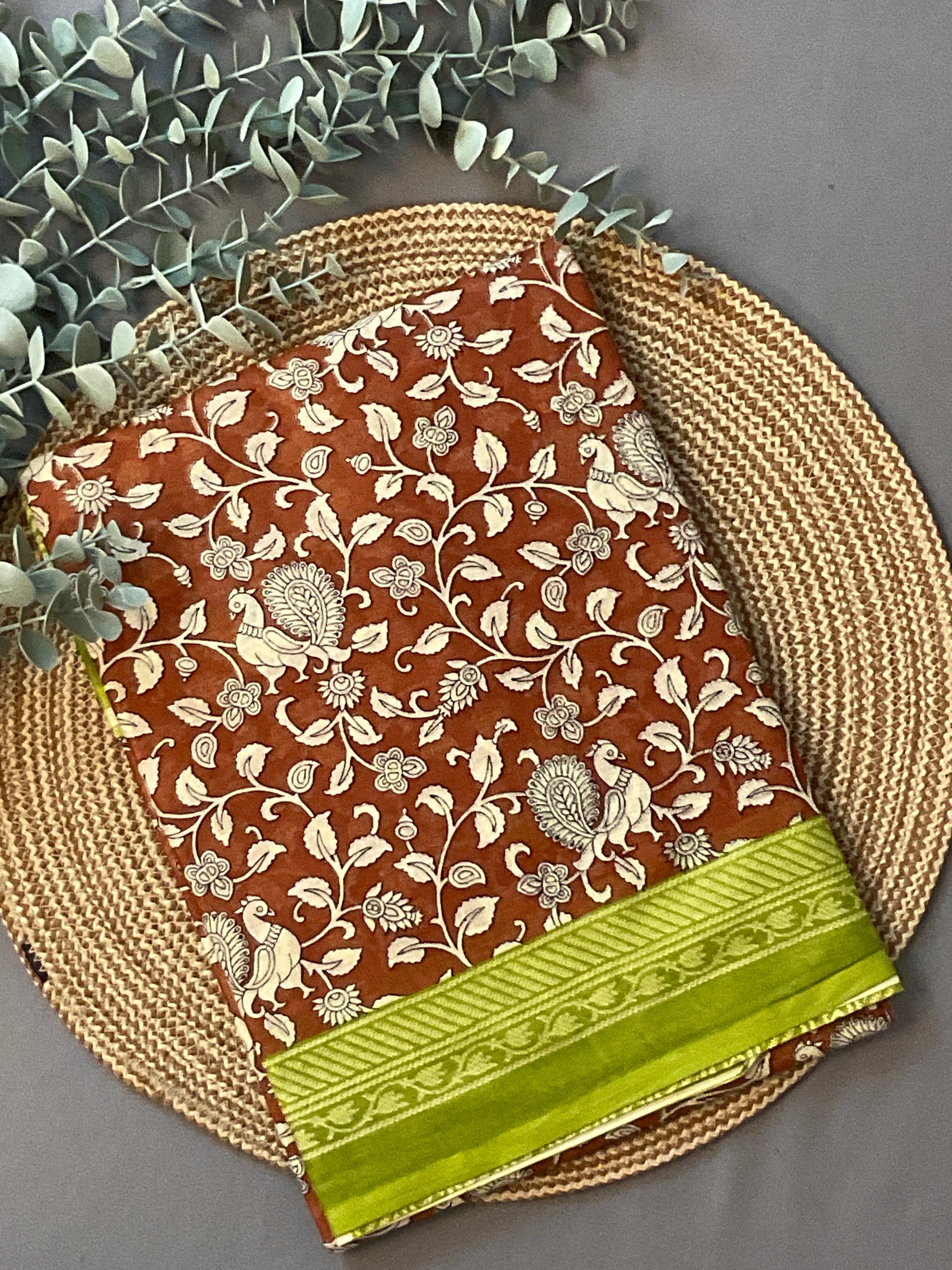Brown Kalamkari Floral Printed Cotton Saree with Green Border & Blouse