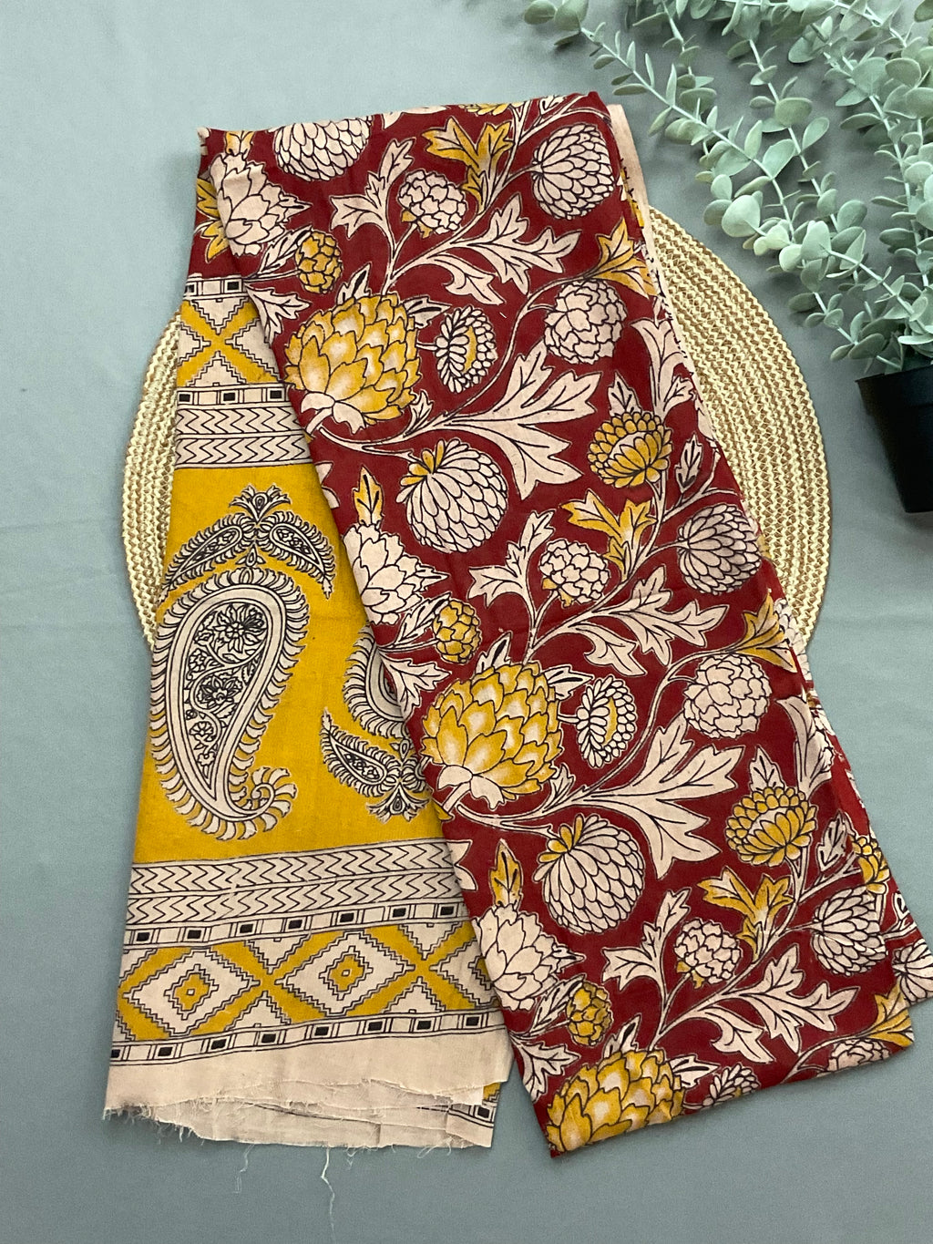 Red Kalamkari printed dupatta for mustard ikkat dress material