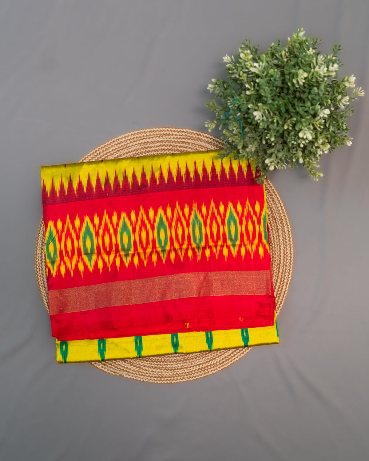 Green Pochampally Single Ikat Silk Saree — Red Patola Border & Pallu