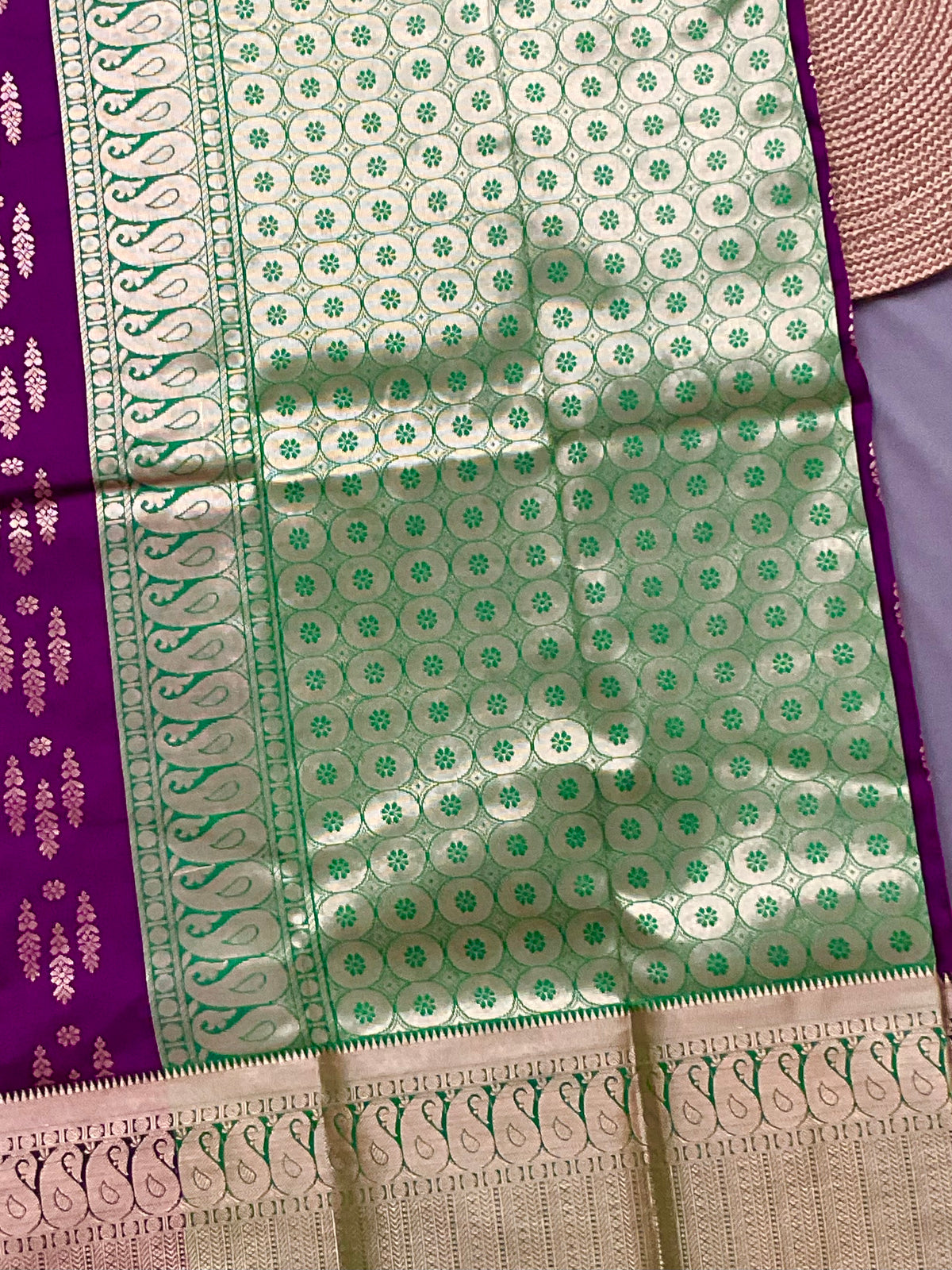 Kanchipuram Pattu Silk Saree in Purple with Contrast Pallu & Kanchi Border Blouse