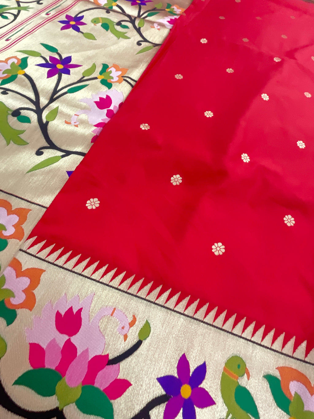 Red Paithani wedding saree zari work
