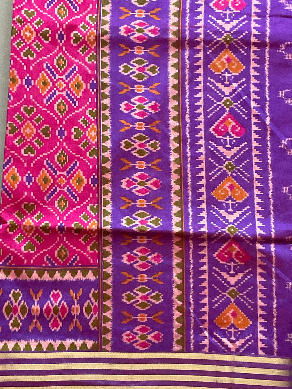 Pochampally Cotton Silk Ikkat Patola Print Saree in Pink with Dark Violet Designer Pallu