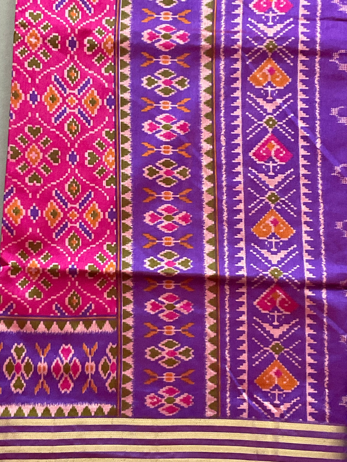 Pochampally Cotton Silk Ikkat Patola Print Saree in Pink with Dark Violet Designer Pallu