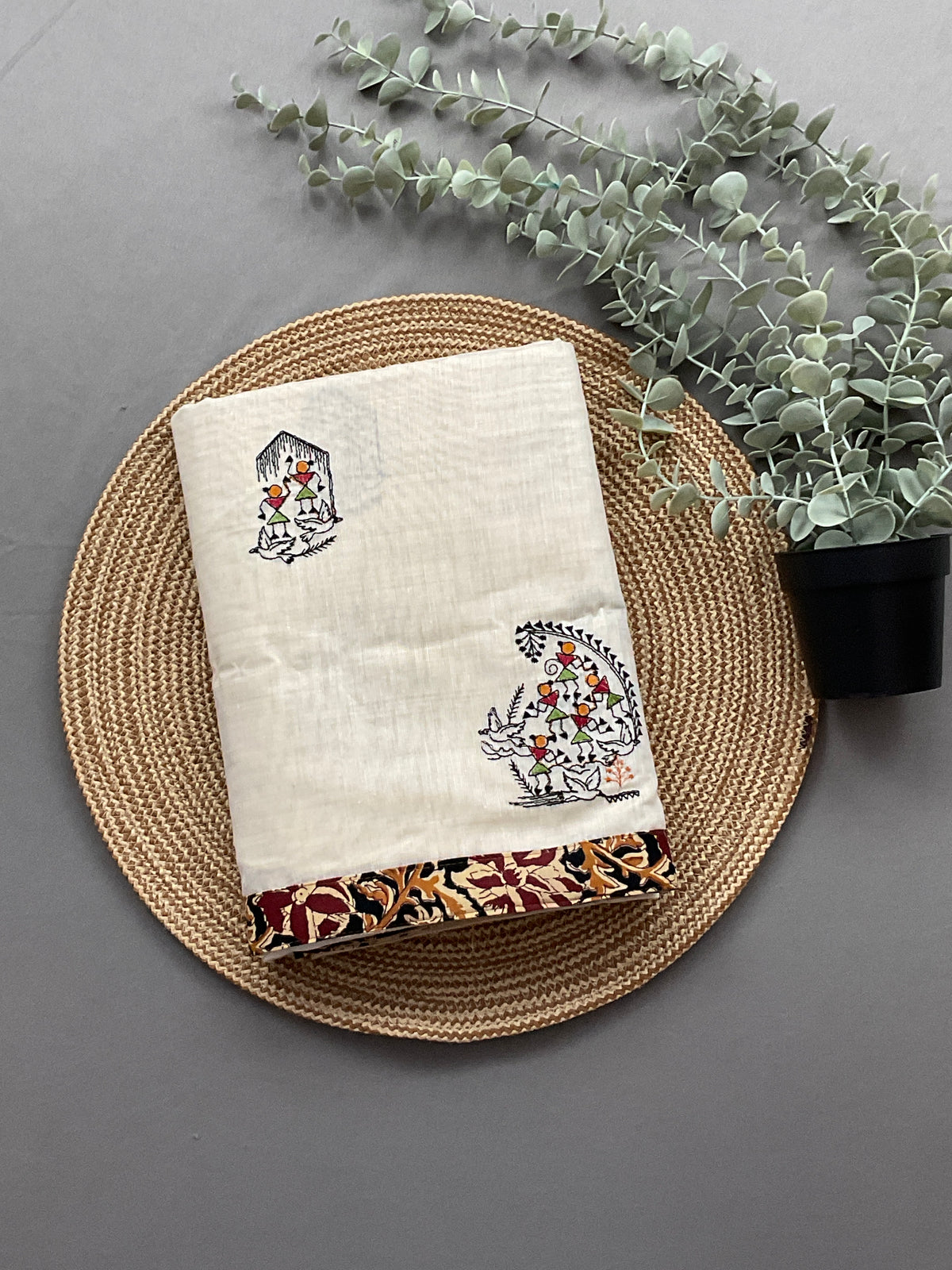 Kalamkari Handwork Cotton Linen Saree in Black with Attached Kalamkari Border, Running Pallu & Designer Blouse