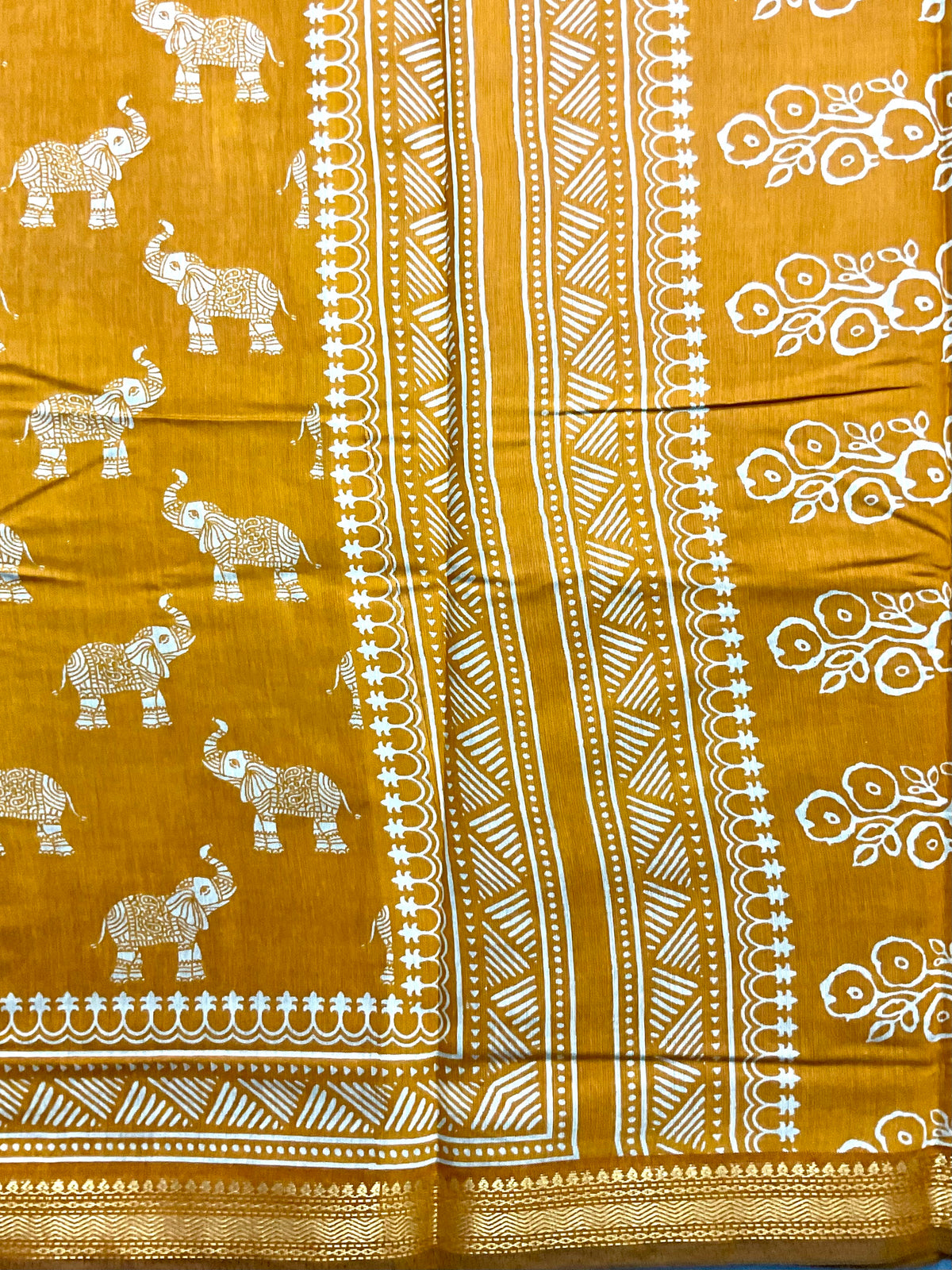 Rajwada Style Handprinted Elephant Soft Silk Saree in Mustard with Designer Pallu