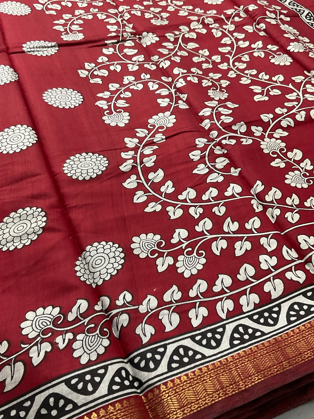 Kalamkari Printed Soft Silk Saree in Red with Designer Pallu and Gold Border