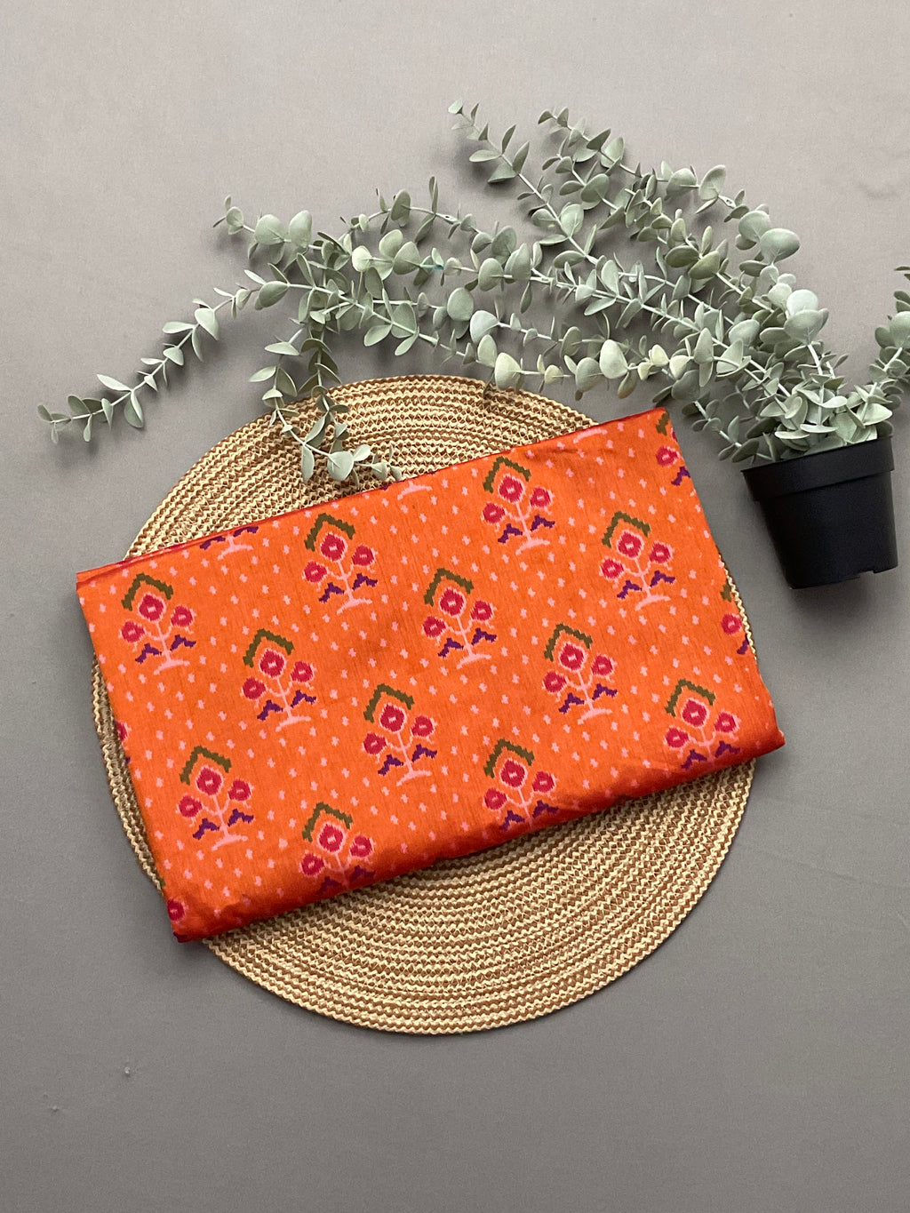 Handprinted Pochampally Patola Cotton Silk Saree in Orange with Red Patola Pallu