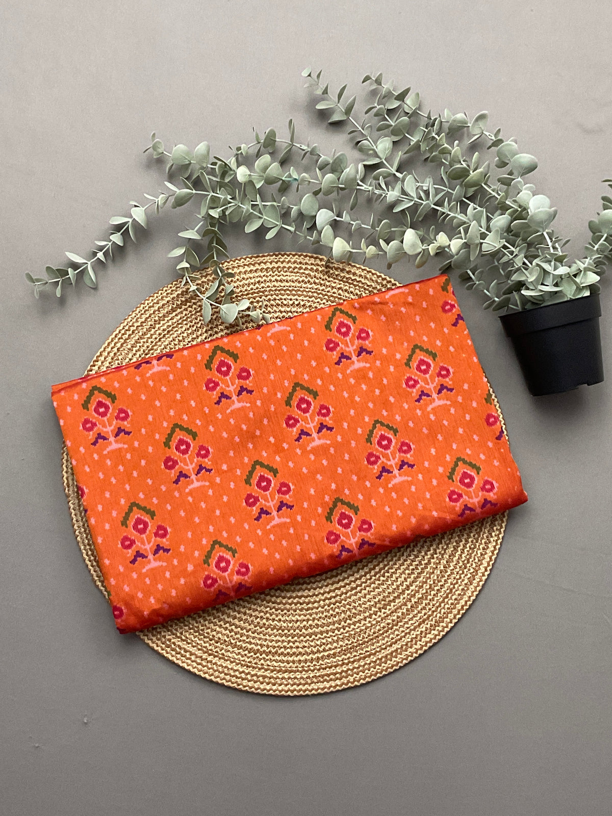 Handprinted Pochampally Patola Cotton Silk Saree in Orange with Red Patola Pallu