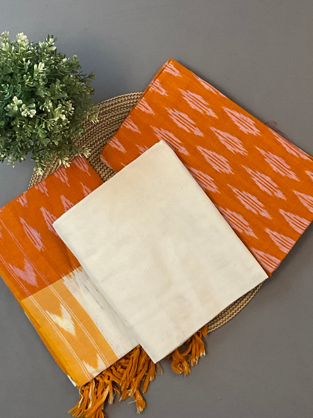 Orange & White Pochampally Ikat Cotton Unstitched Dress Material – 3-Piece Suit
