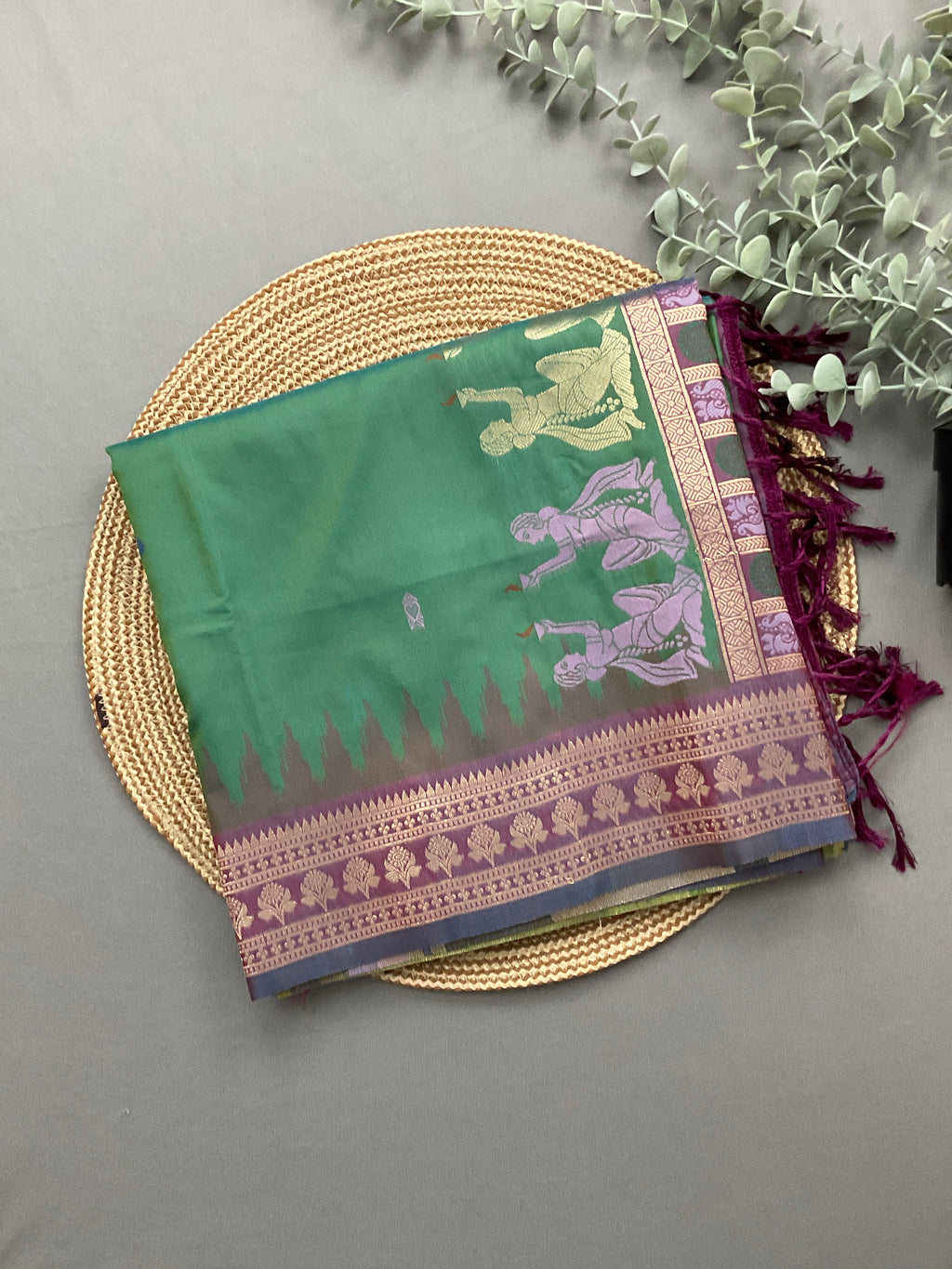 Vibrant Green Jamdani Silk Saree with Temple Border and Magenta Pallu