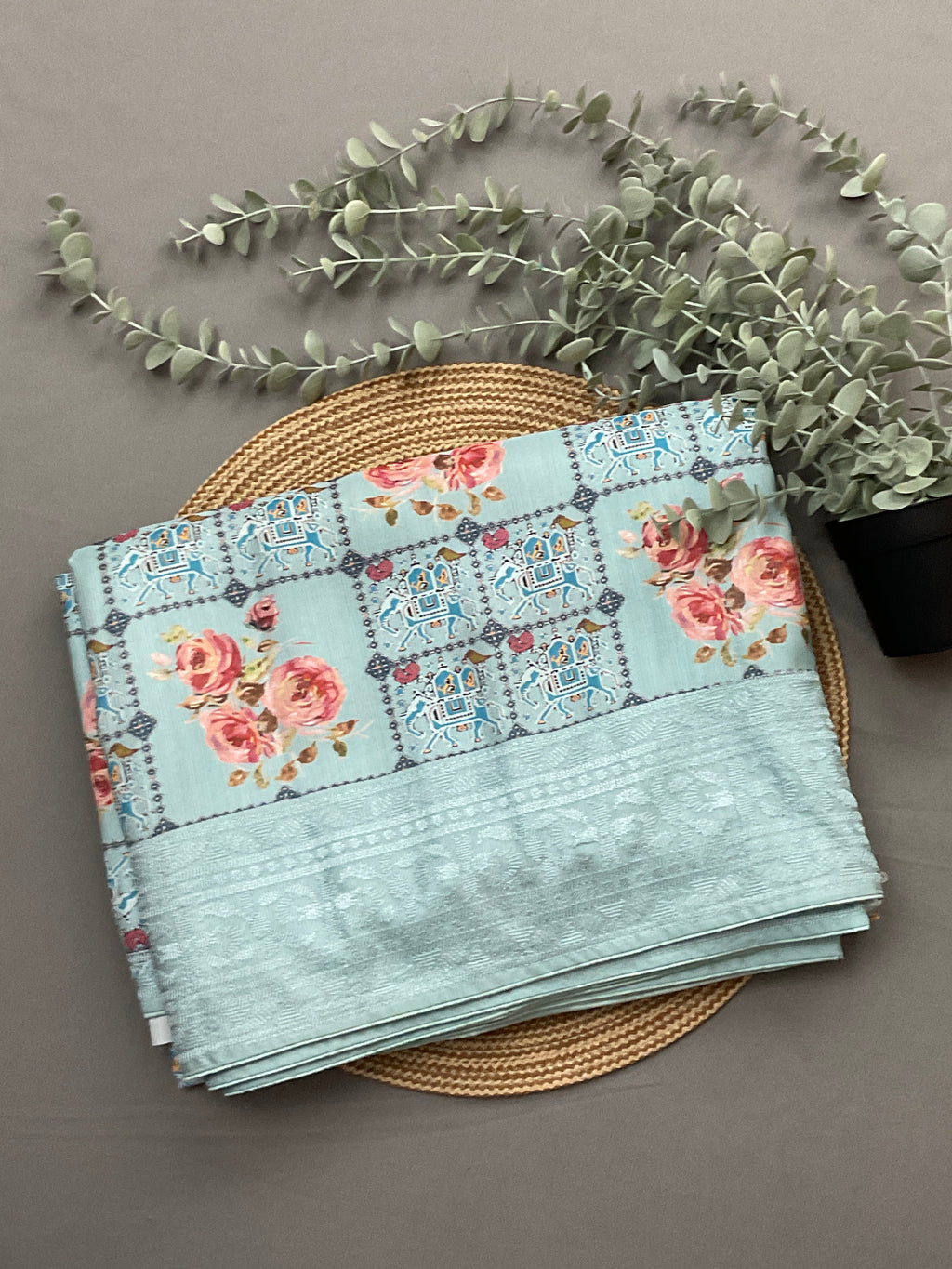 Sky Blue Printed Silk Saree with Floral Print and Computer Embroidery