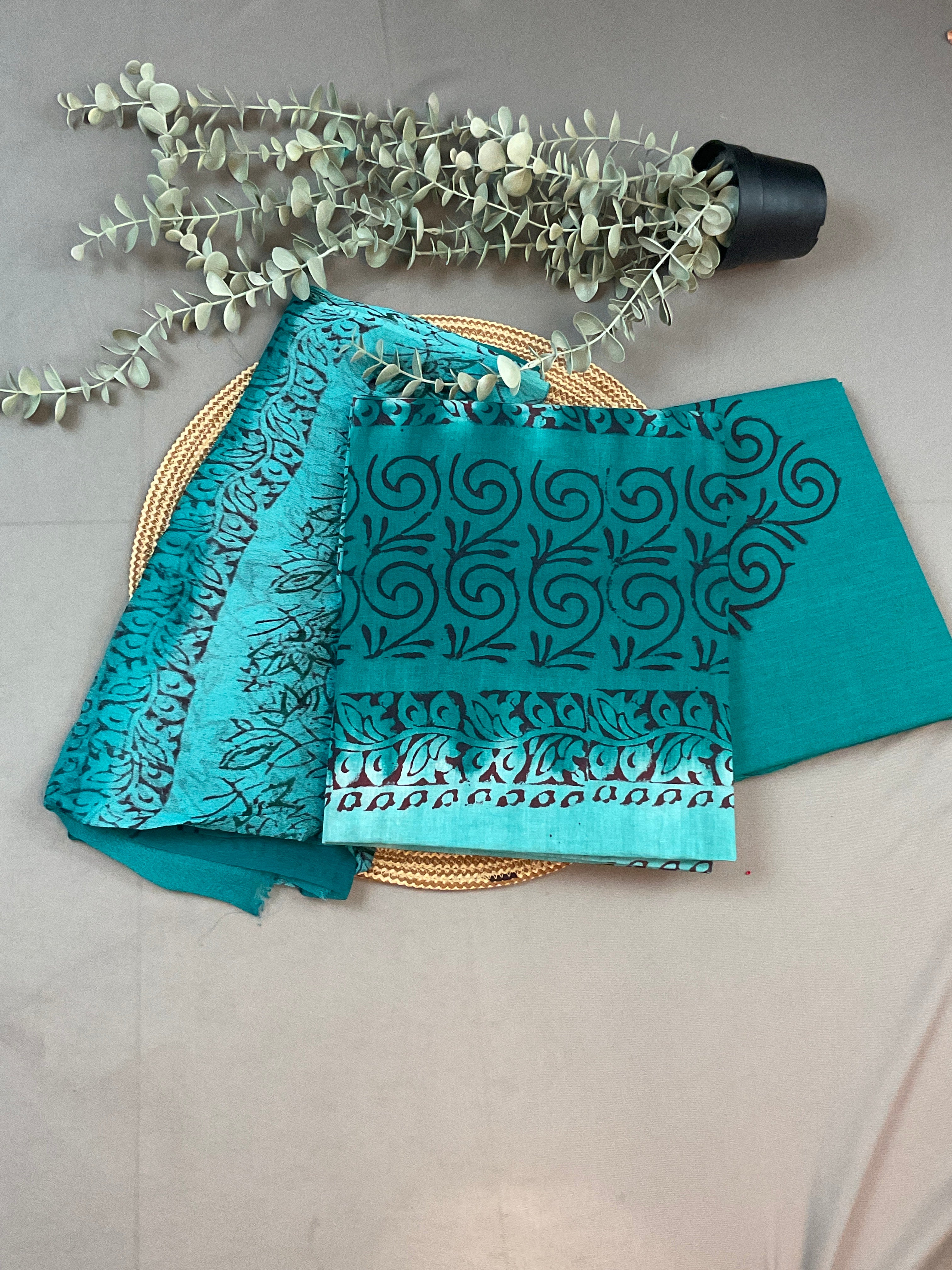 Blue Green Block Print Dress Material