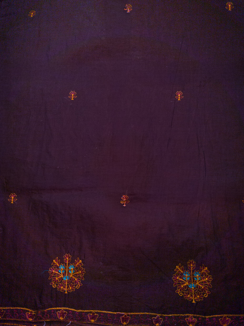 Deep Brown Hand-Embroidered Mul Cotton Saree