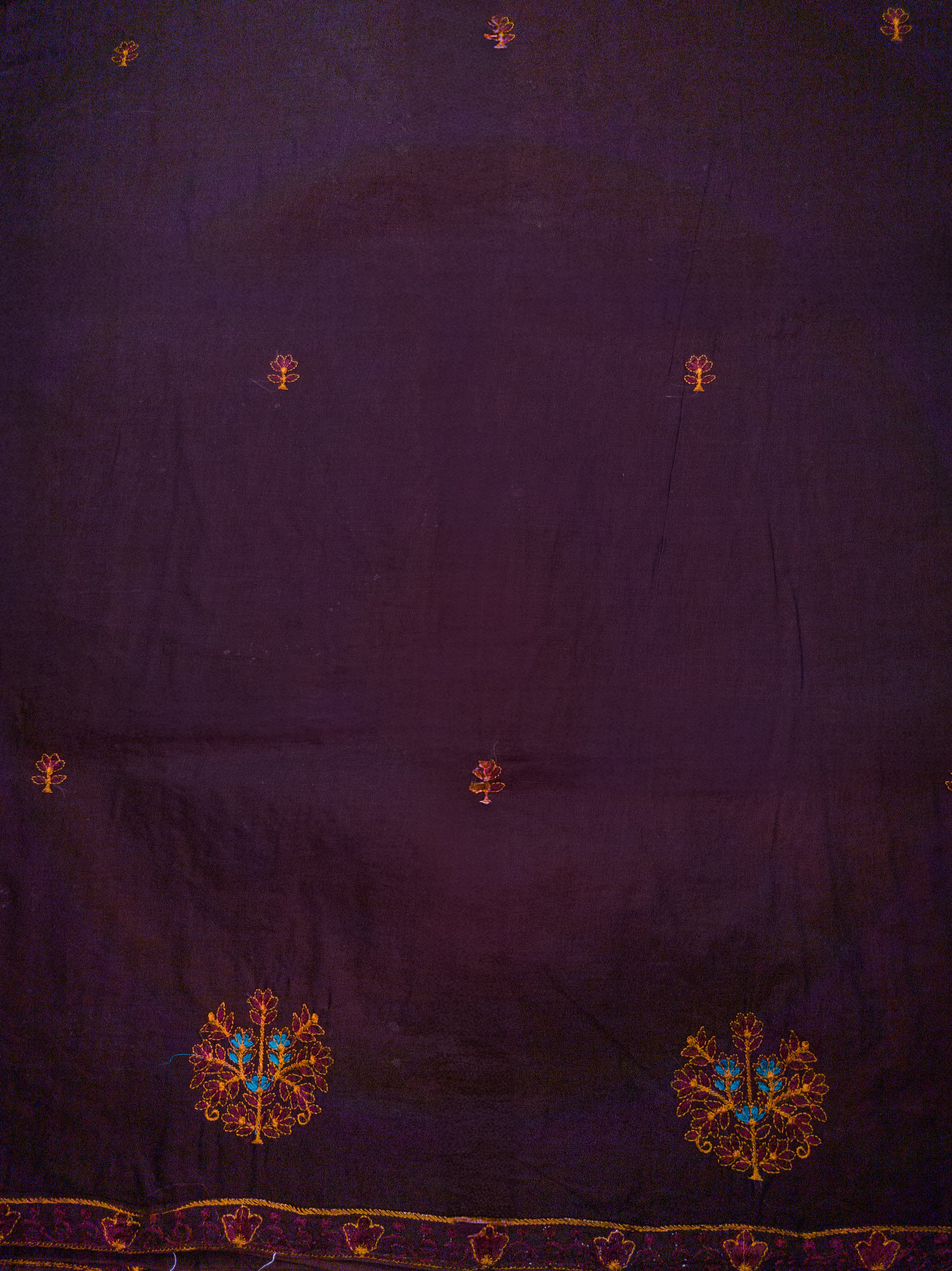 Deep Brown Hand-Embroidered Mul Cotton Saree