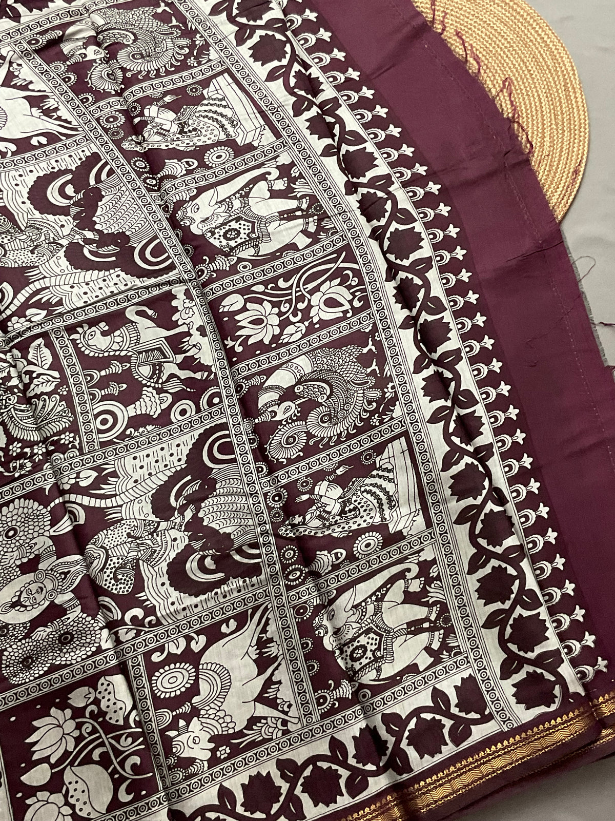 Pedana Kalamkari Hand-Block Soft Silk Saree in Deep Green with Maroon Designer Pallu & Gold Border