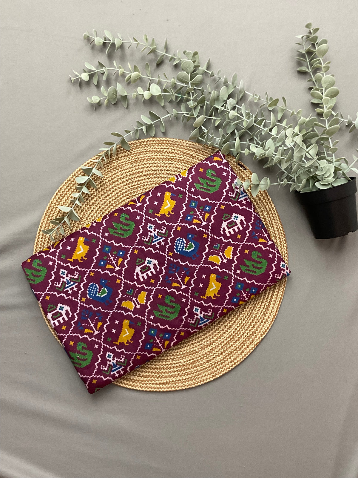 Pochampally Cotton Silk Ikkat Patola Print Saree in Maroon with Designer Blue Pallu