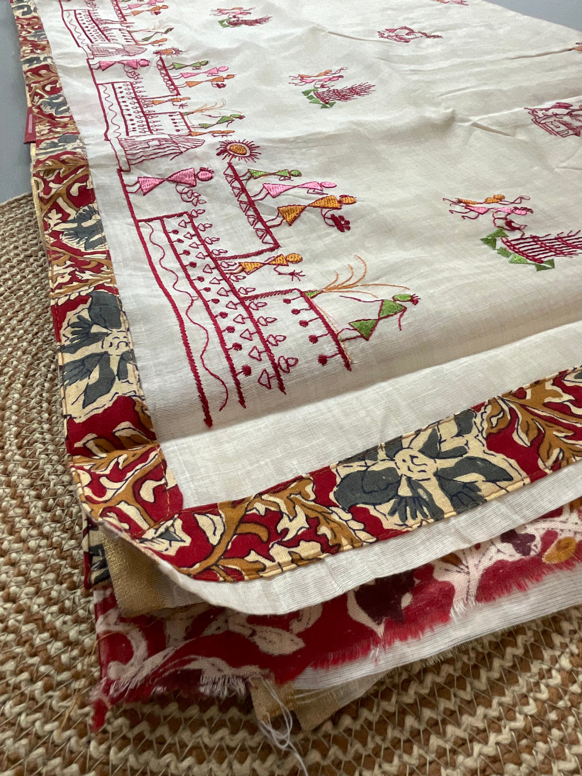 Kalamkari Handwork Cotton Linen Saree in Maroon with Attached Kalamkari Border, Running Pallu & Designer Blouse