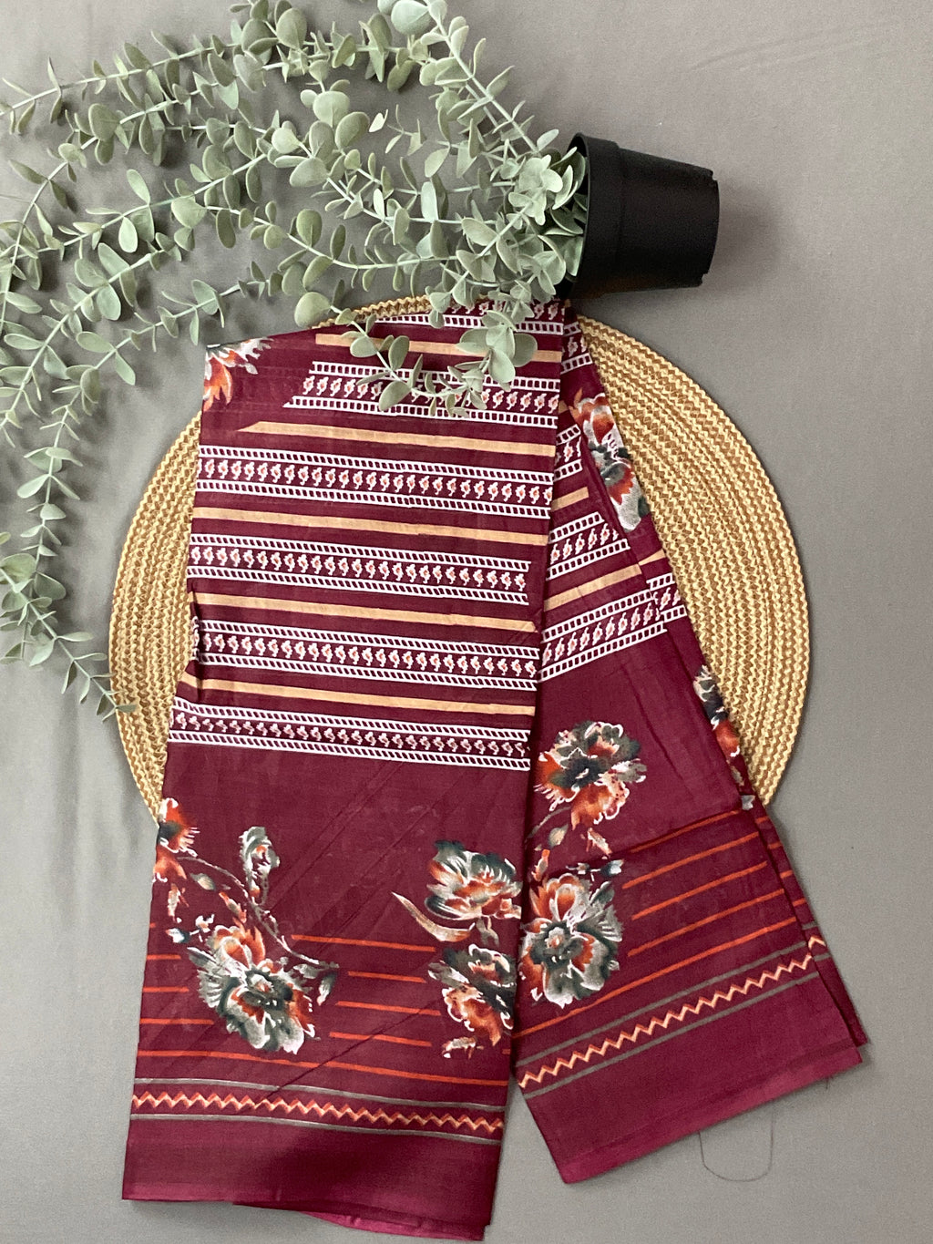 Wine Maroon Block Print Cotton Dress Material