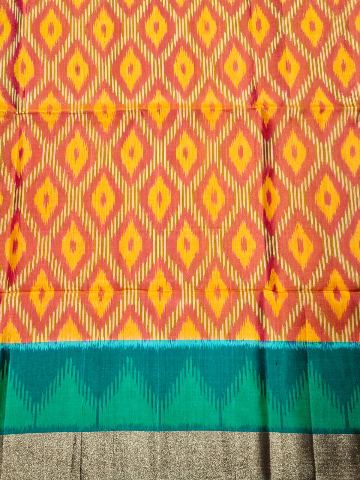 Pure Pochampally Silk Saree in Orange with Green Ikat Pallu & Multicolor Weaving