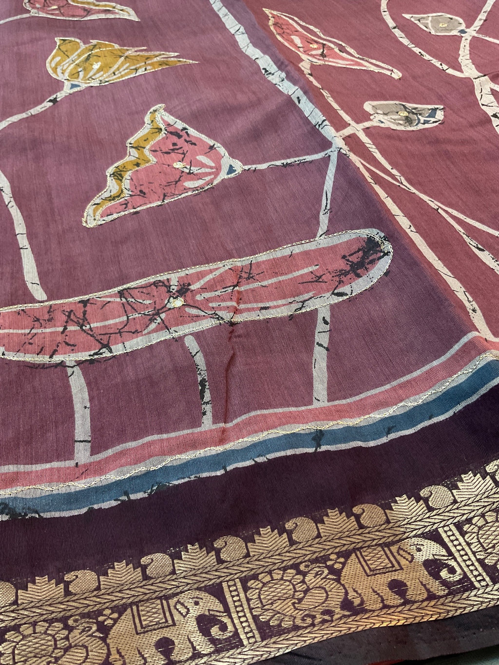 Pink Kalamkari Mirror Work Soft Silk Saree with Swan Print & Contrast Pallu