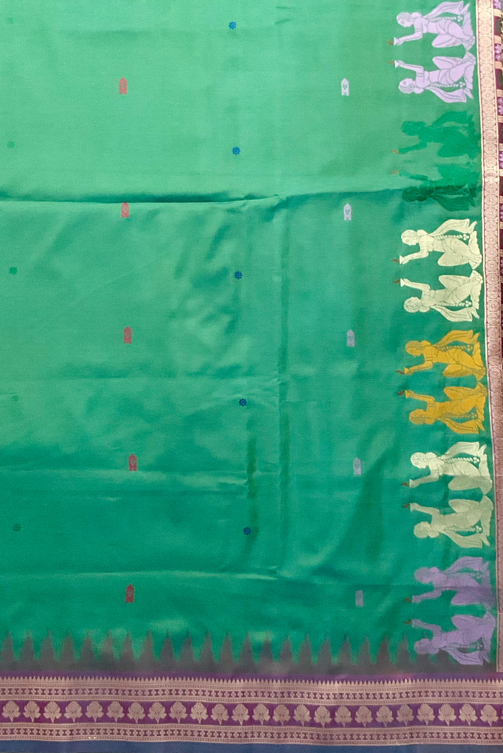 Vibrant Green Jamdani Silk Saree with Temple Border and Magenta Pallu