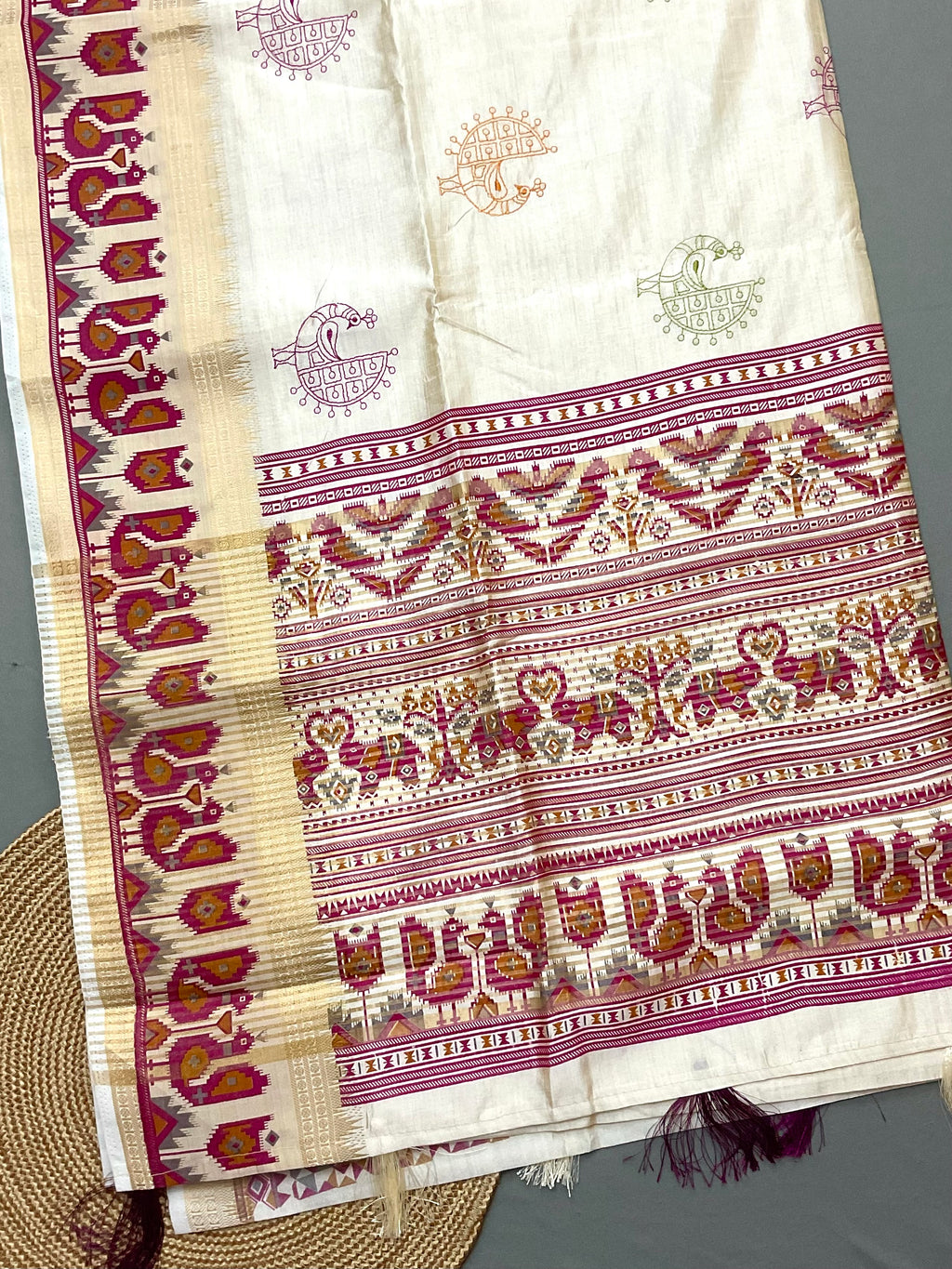 White & Gold Handloom Cotton Silk Saree with Pink Pochampally Weaving — Zari Pallu & Blouse Piece