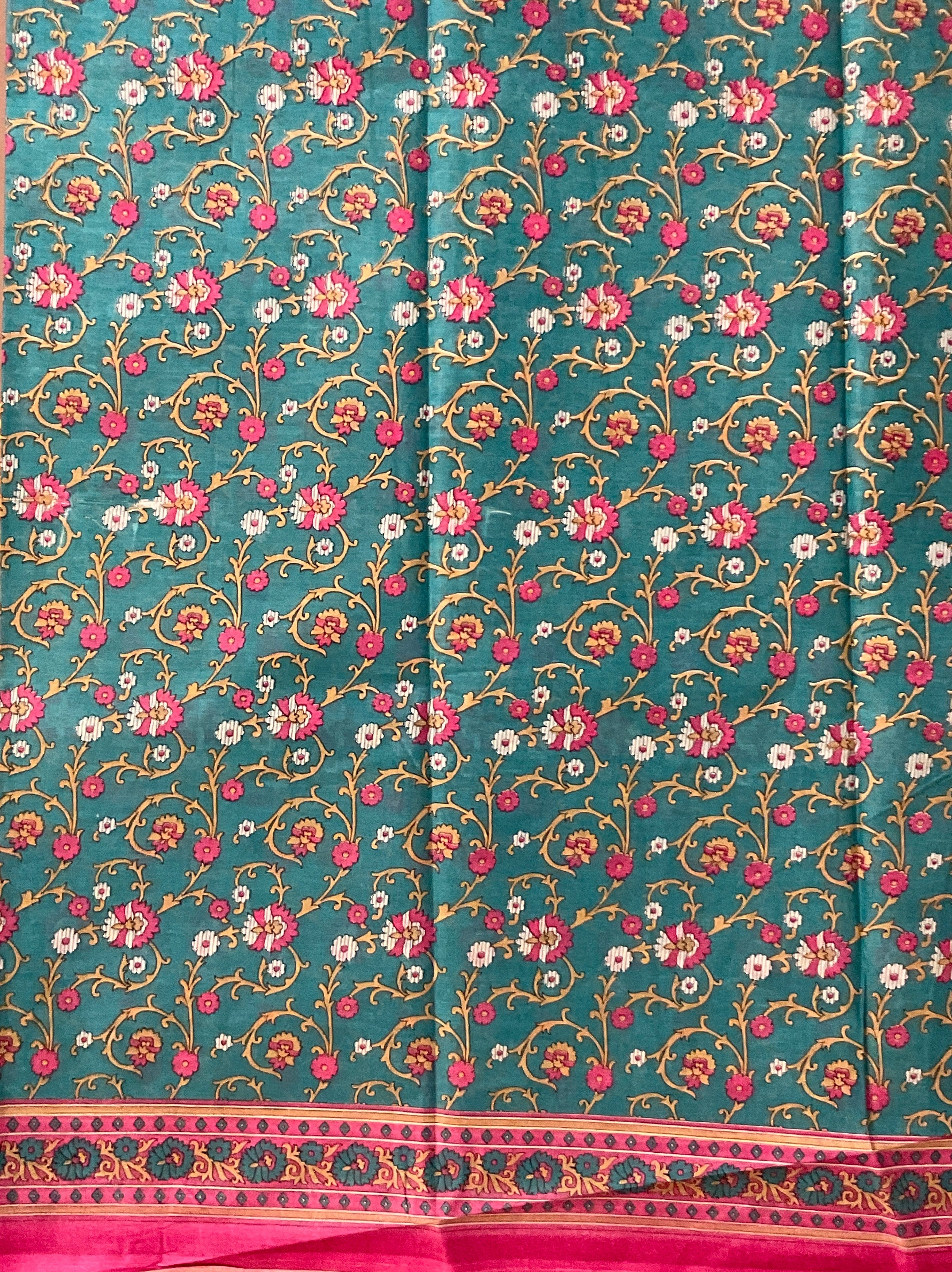 Light Blue Kalamkari Floral Printed Cotton Saree with Blouse
