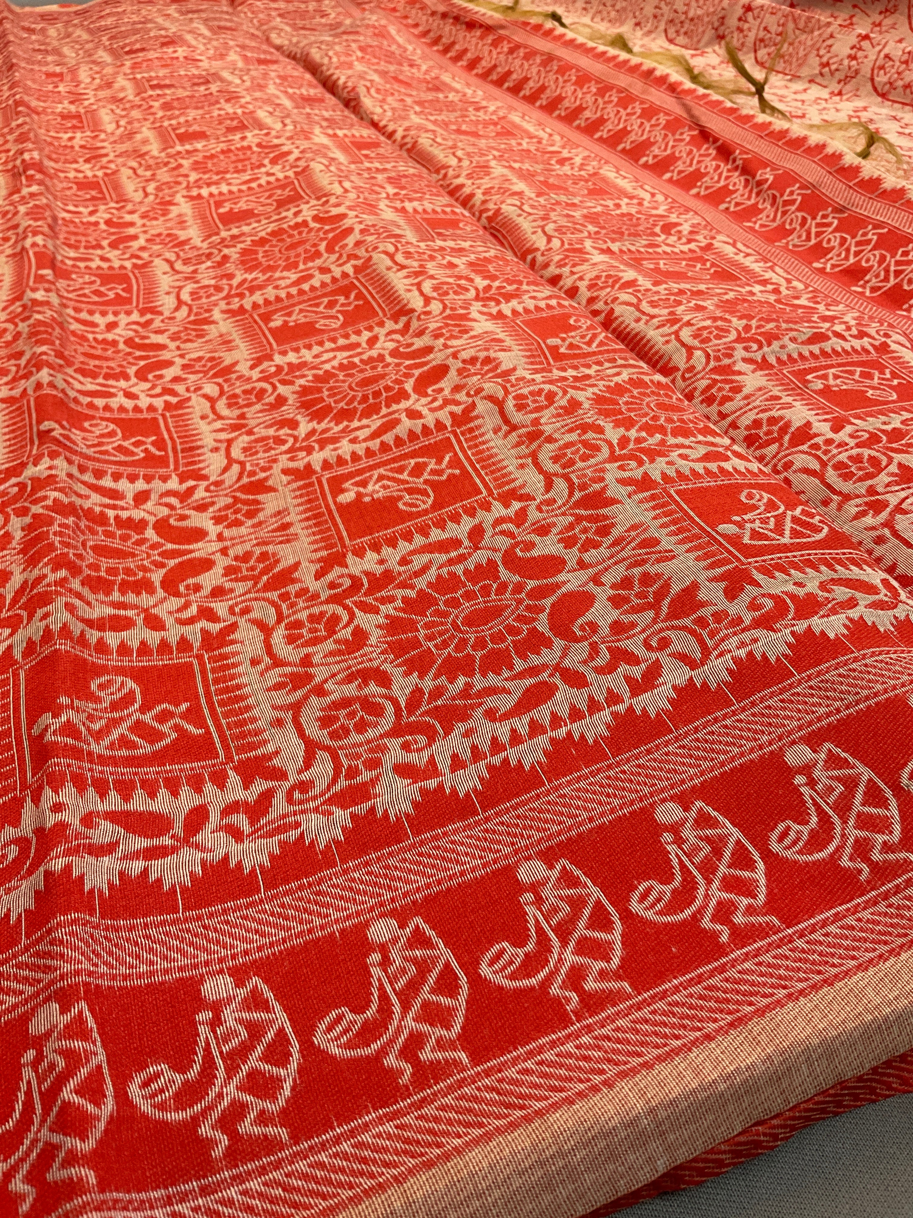 Orange Kalamkari Cotton-Linen Saree