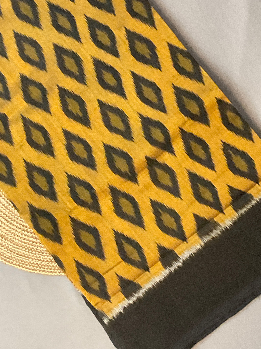Mustard & Black Pochampally Ikat Handloom Cotton Saree with Contrast Pallu – Without Blouse