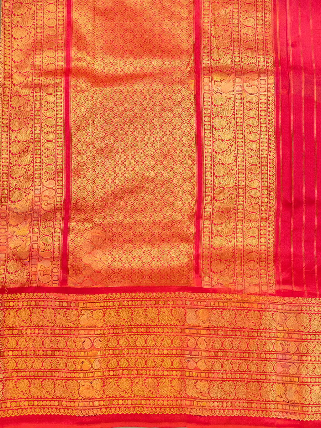 Pure Pochampally Ikat Silk Saree in Orange with Animal Motifs, Kanjivaram Border & Red Zari Pallu