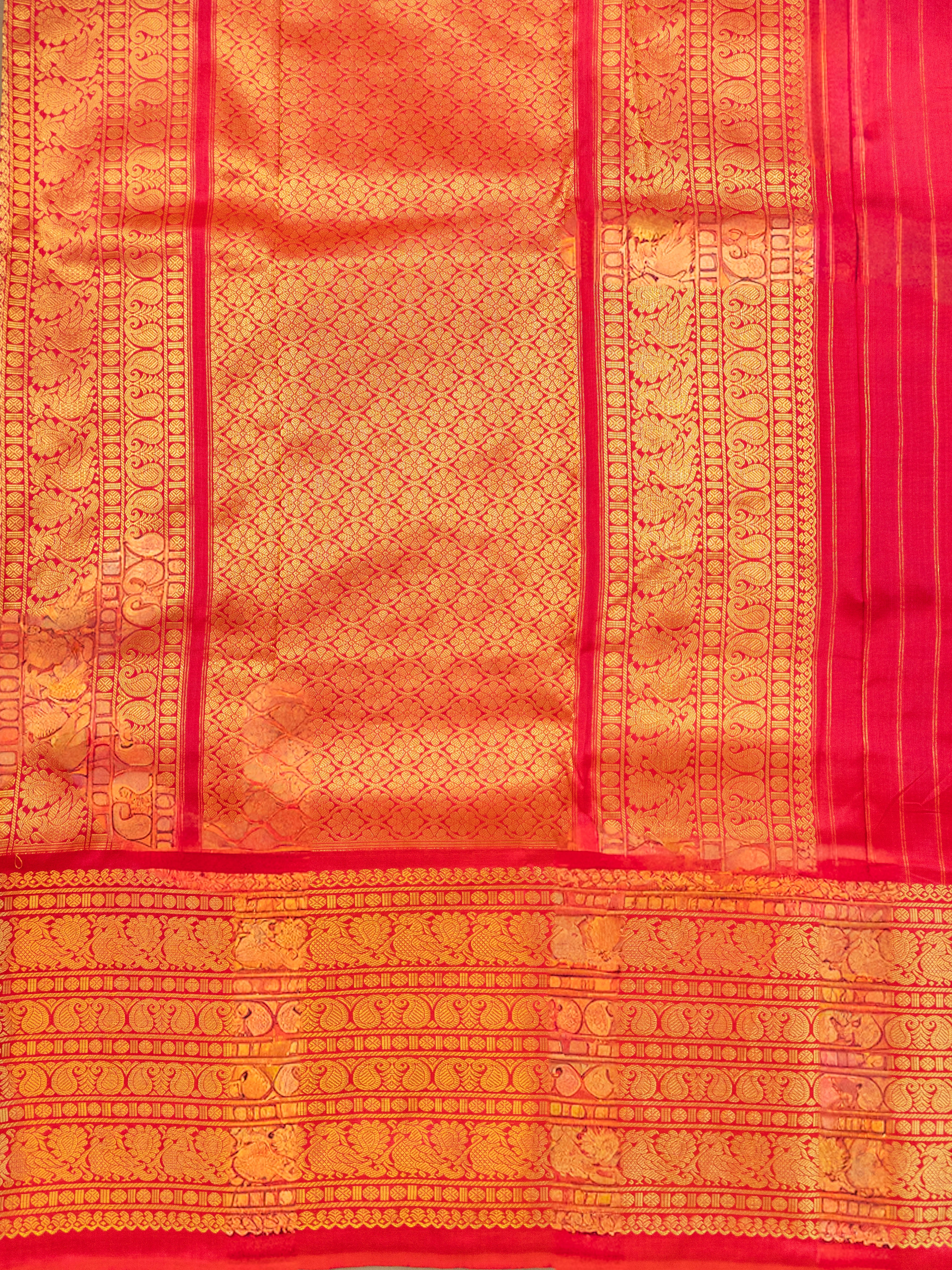 Pure Pochampally Ikat Silk Saree in Orange with Animal Motifs, Kanjivaram Border & Red Zari Pallu