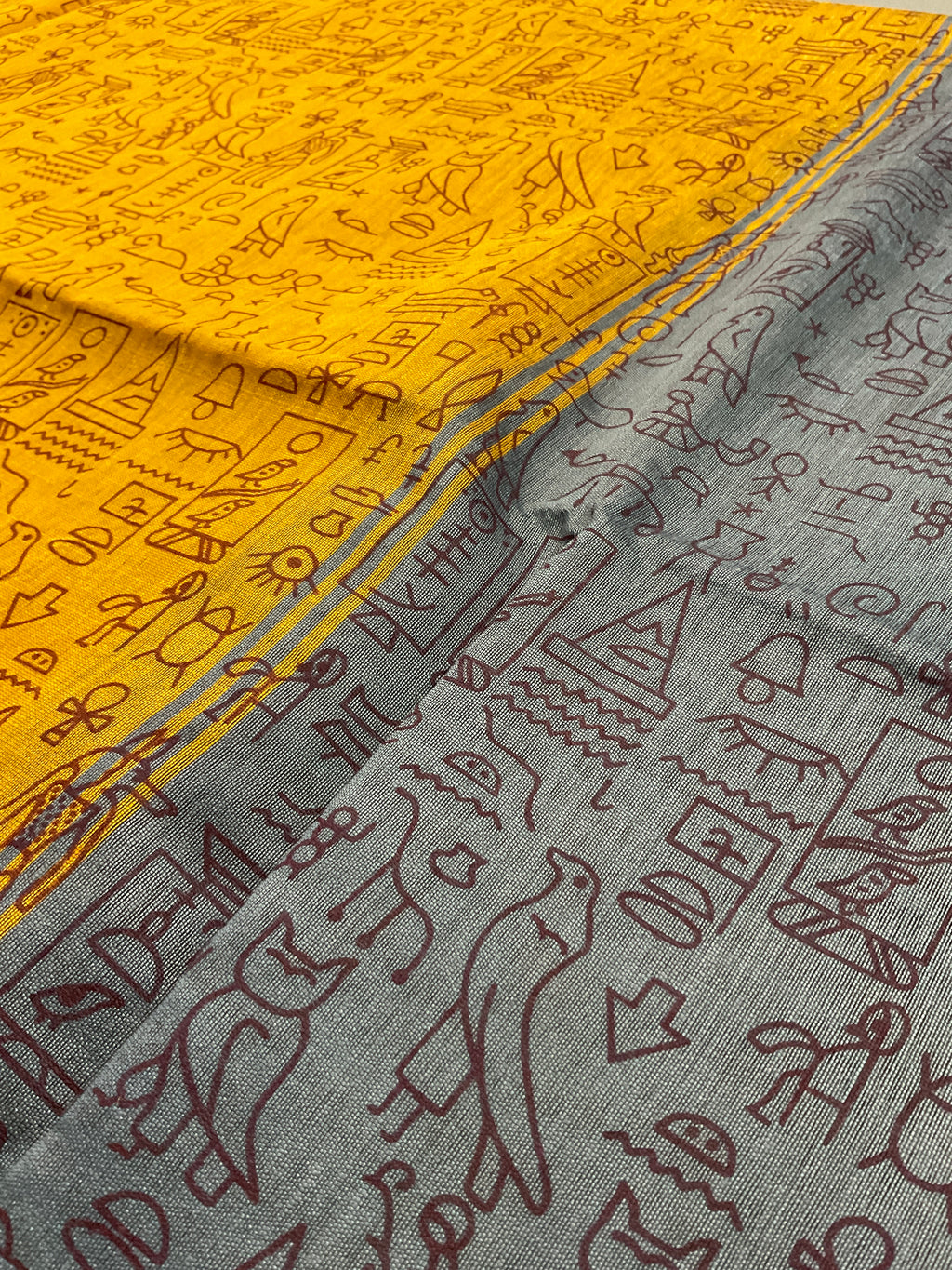 Handloom cotton silk saree in Kalamkari Vareli printing all over with blouse — mustard saree with grey pallu