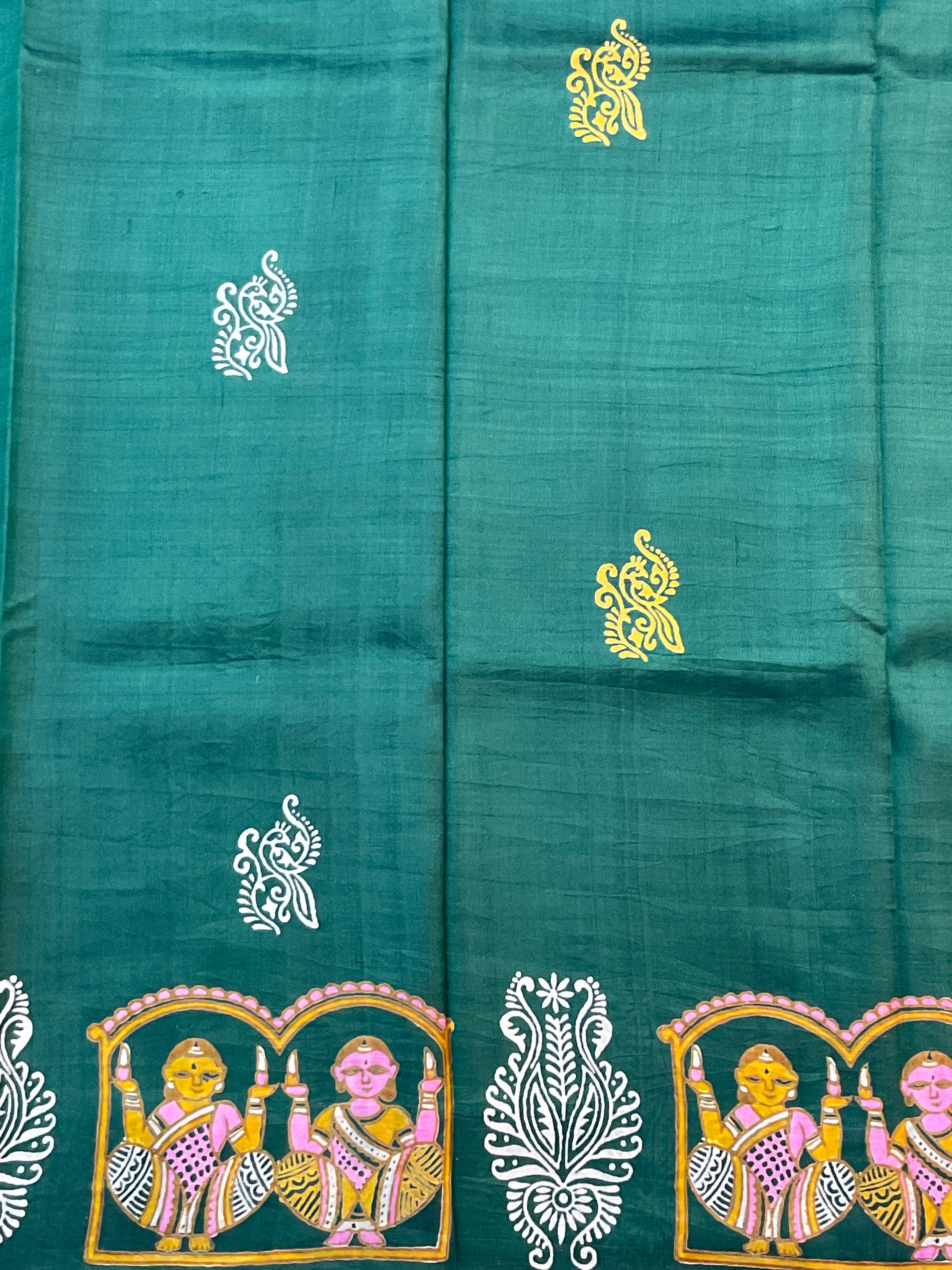 Kalamkari Hand Block Printed Pure Silk Saree in Green with Designer Pallu & Blouse