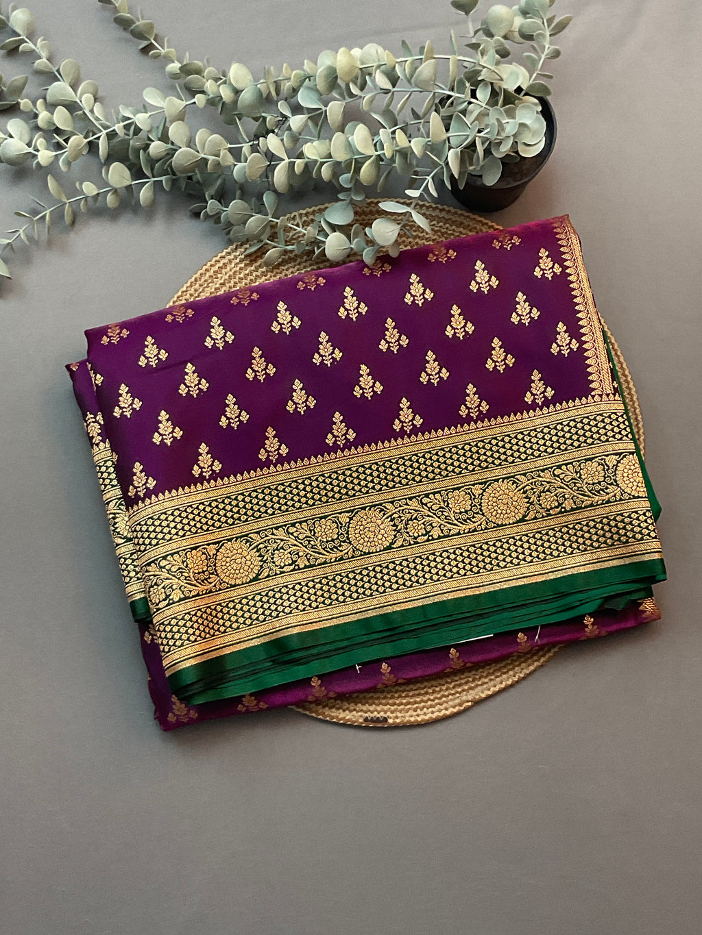 Handloom Banarasi Silk Saree in Purple with Contrast Dark Green Border & Designer Pallu
