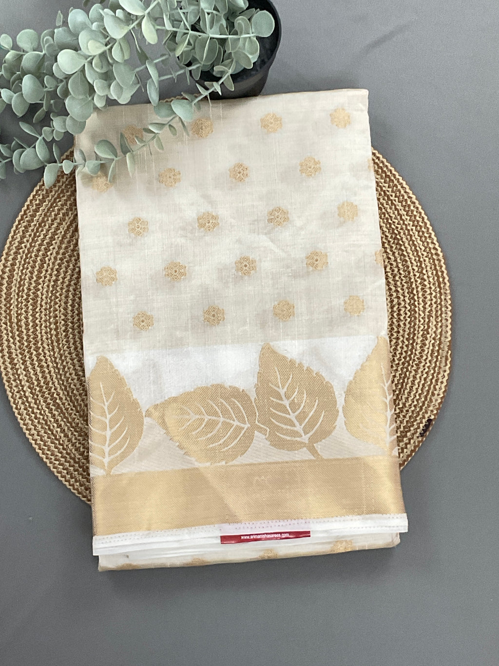 White and gold zari butti silk saree design 1